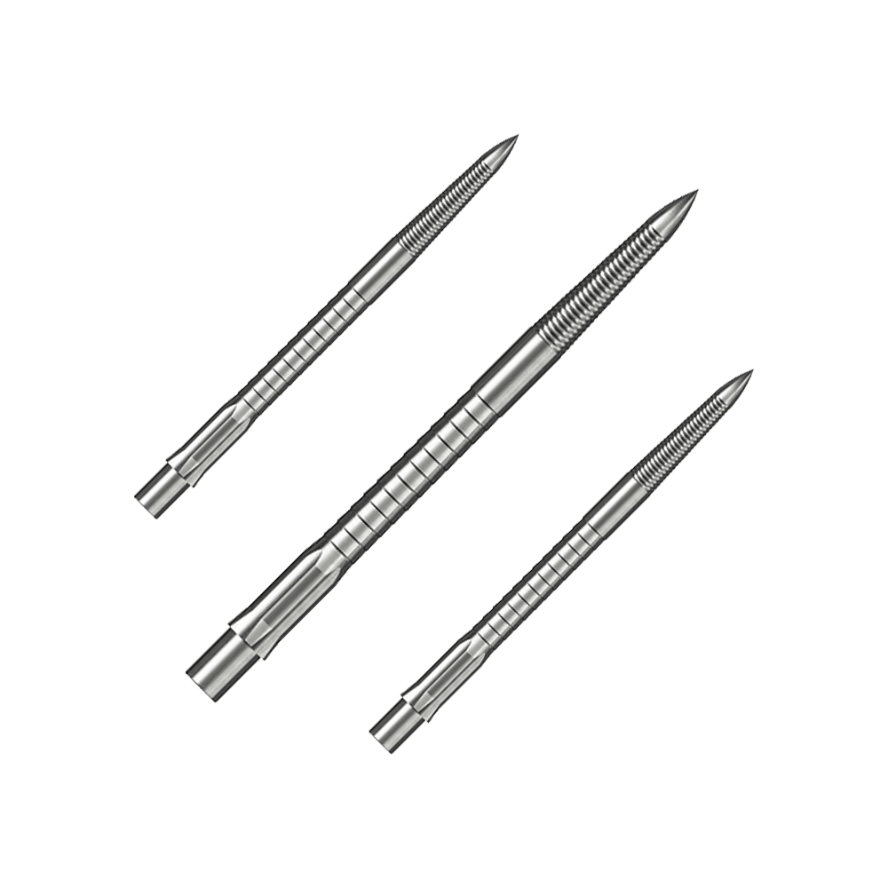 Ocelové hroty na šipky Caliburn System - Micro Grip - stříbrné Das Bild zeigt ein Set von Steeldartspitzen mit Micro Grip, Silber, 36mm. Die Spitzen sind nebeneinander auf weißem Hintergrund angeordnet.