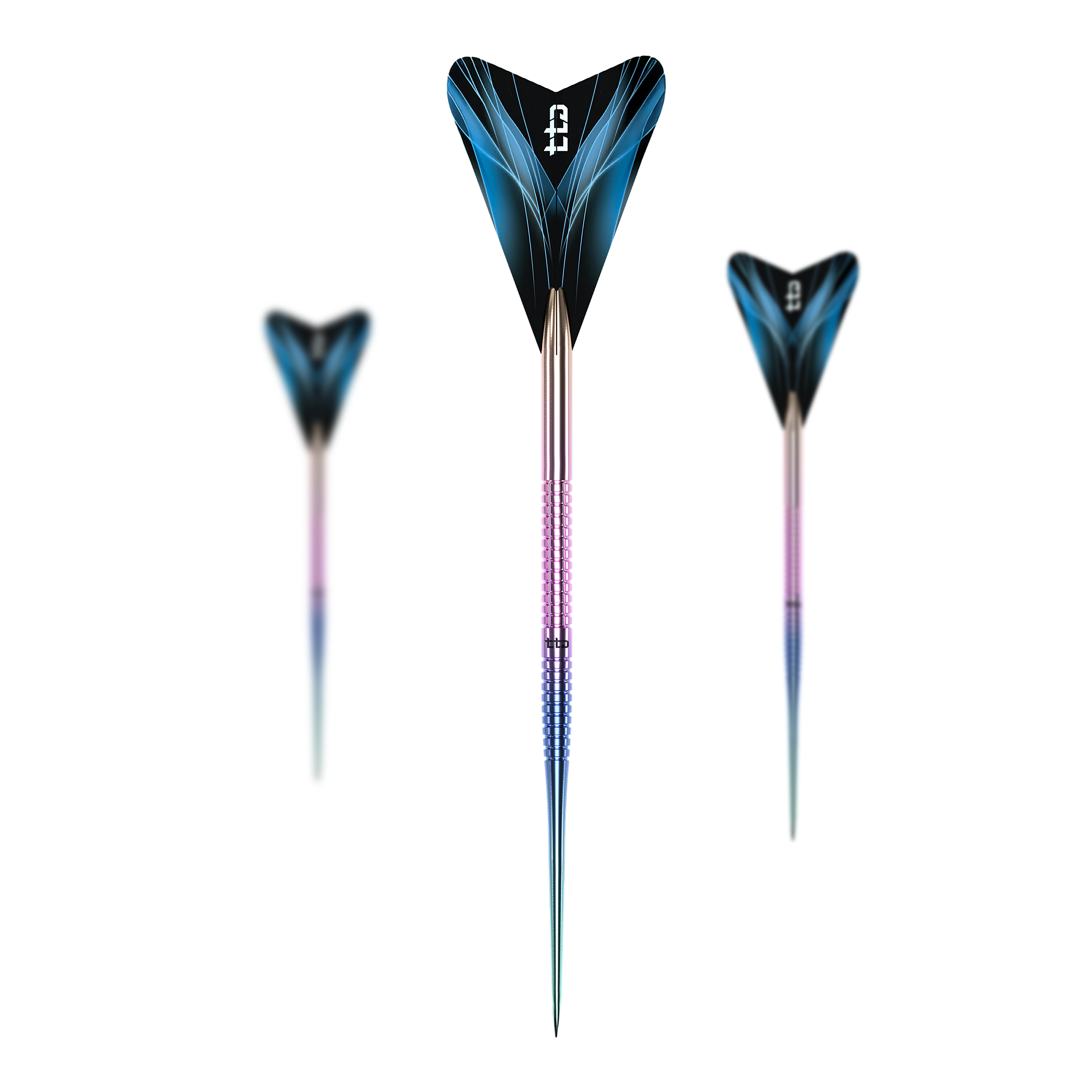 Caliburn TTD Complete Titanium T1 Rainbow Steeldarts - 5g Dies ist ein Set des Caliburn TTD Complete Titanium T1 Rainbow Steeldarts - 5g. Mehrere Dartpfeile mit regenbogenfarbenem Design sind zu sehen.