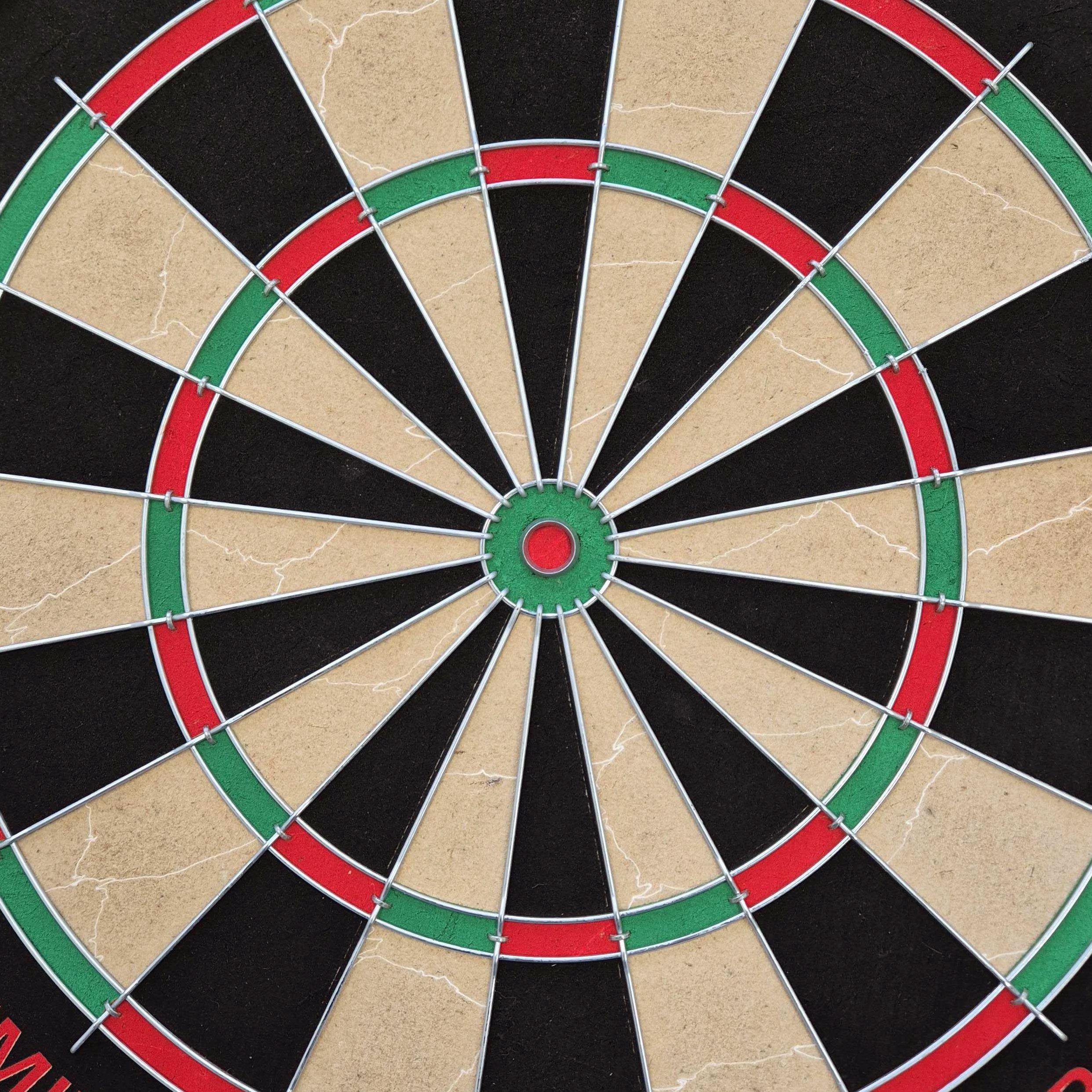 Sada ocelových terčů na terč Dimitri Van Den Bergh Abgebildet ist ein weiteres Target Dimitri Van Den Bergh Steeldartboard Set. Die Komponenten sind nebeneinander angeordnet.