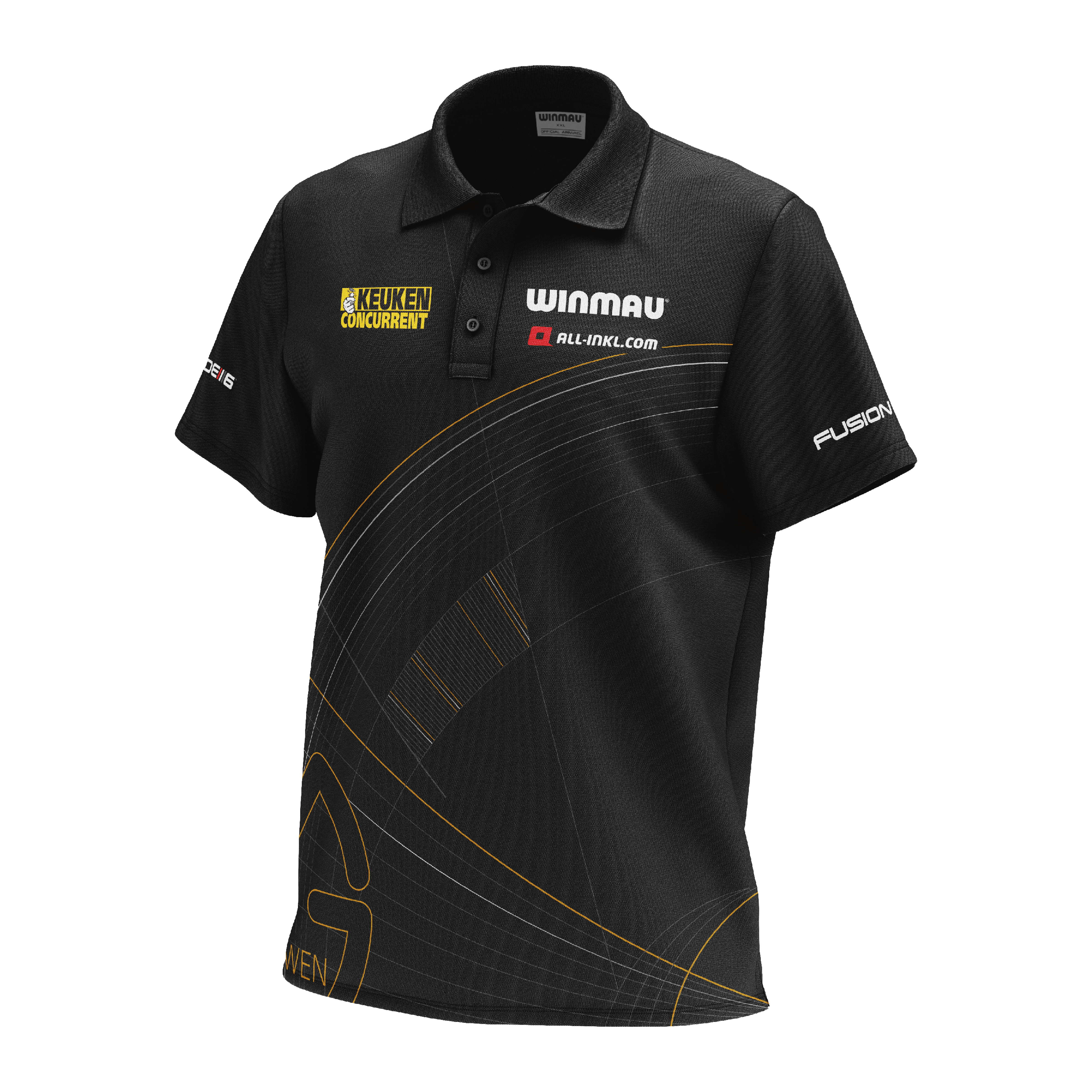Polo šipková košile Winmau Limited Edition Tour Das Bild zeigt das "Winmau Limited Edition Tour Polo Dartshirt" in Schwarz mit gelben und weißen Logos. Das Shirt hat kurze Ärmel, einen Kragen und ein modernes Linienmuster auf der Vorderseite.