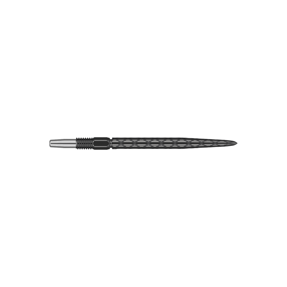 Zaměřte hroty šipek Swiss Diamond Pro Black Points Das Bild zeigt eine schwarze Dartspitze mit einem rautenförmigen Muster. Sie ist schlank und hat ein Schraubgewinde am hinteren Ende.