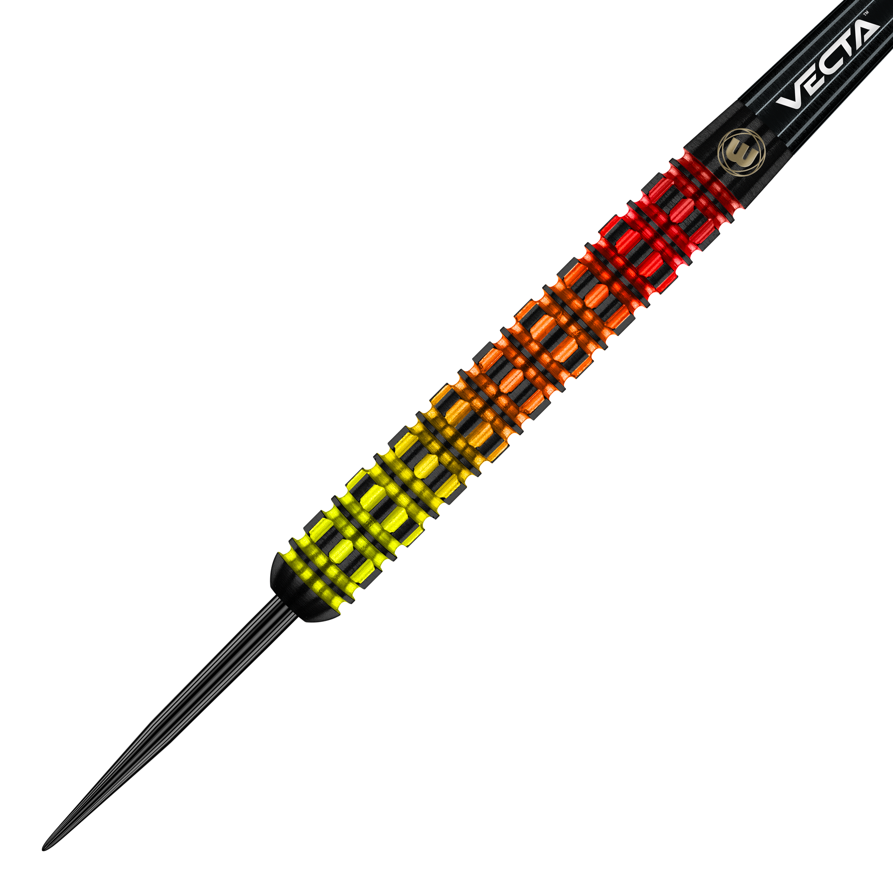 Winmau Firestorm Flame Parallel Steeldarts Das Bild zeigt den Winmau Firestorm Flame Parallel Steeldart. Der Dart hat einen auffälligen Farbverlauf von Gelb über Orange zu Rot und ein markantes Rillendesign am Barrel.
