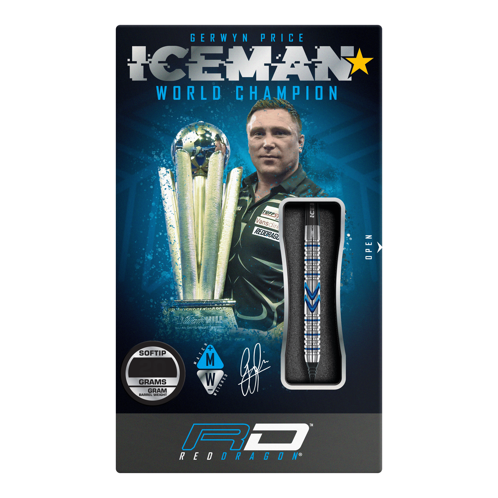 Šipky Red Dragon Gerwyn Price Iceman Midnight Edition měkké - 20g Die Verpackung zeigt die Red Dragon Gerwyn Price Iceman Midnight Edition Softdarts mit einem Gewicht von 20g. Auf der Vorderseite sind ein Bild von Gerwyn Price und ein Dartpfeil abgebildet.