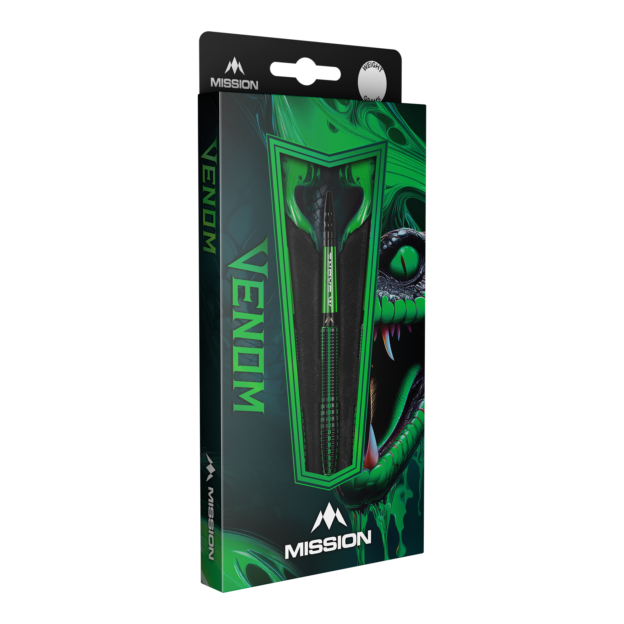 Ocelové šipky Mission Venom Die Abbildung zeigt eine Packung der "Mission Venom Steeldarts". Die Verpackung ist hauptsächlich grün und schwarz gestaltet und zeigt ein auffälliges Schlangendesign.