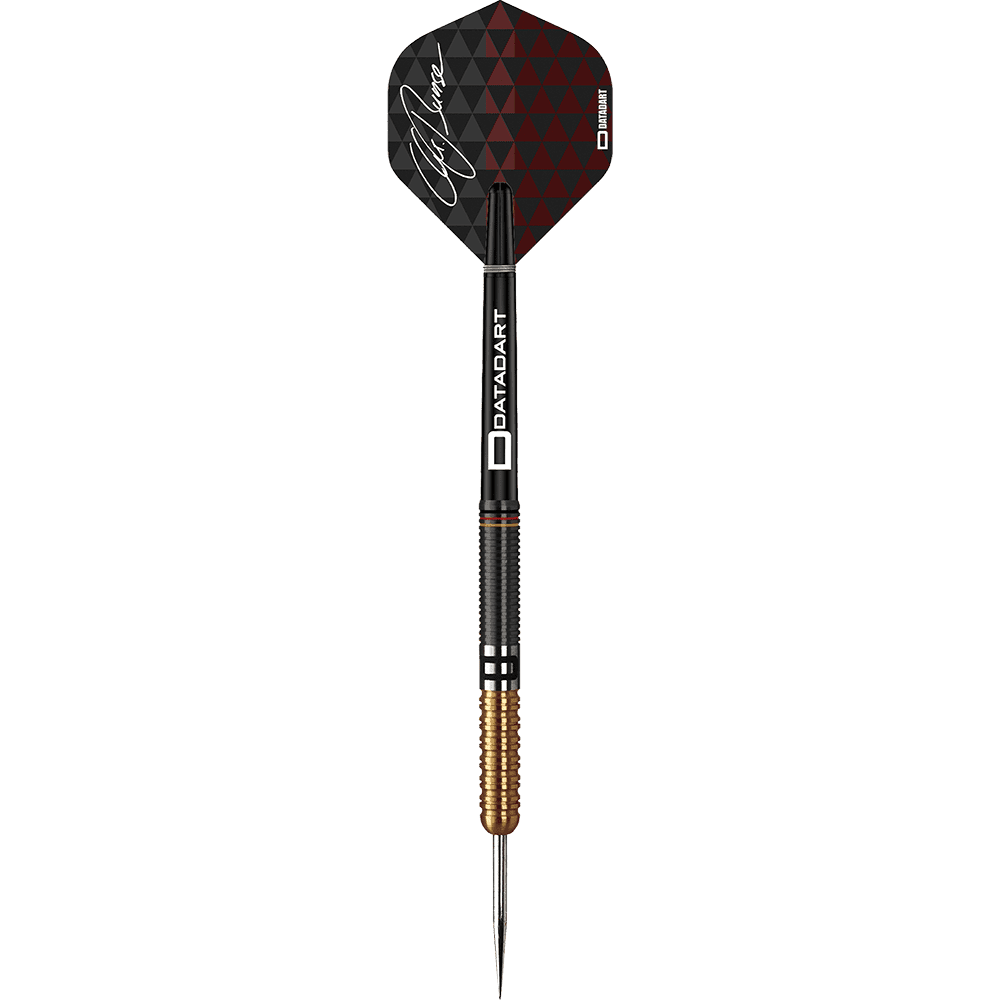 DA624_Datadart_Christian_Bunse_Gold_Black_Steeldarts_1OF3t10m9mz3nw Auf dem Bild ist ein Steeldartpfeil zu sehen. Der Pfeil hat schwarze und goldene Details sowie eine schwarze Flights mit rotem Muster und einer Unterschrift.