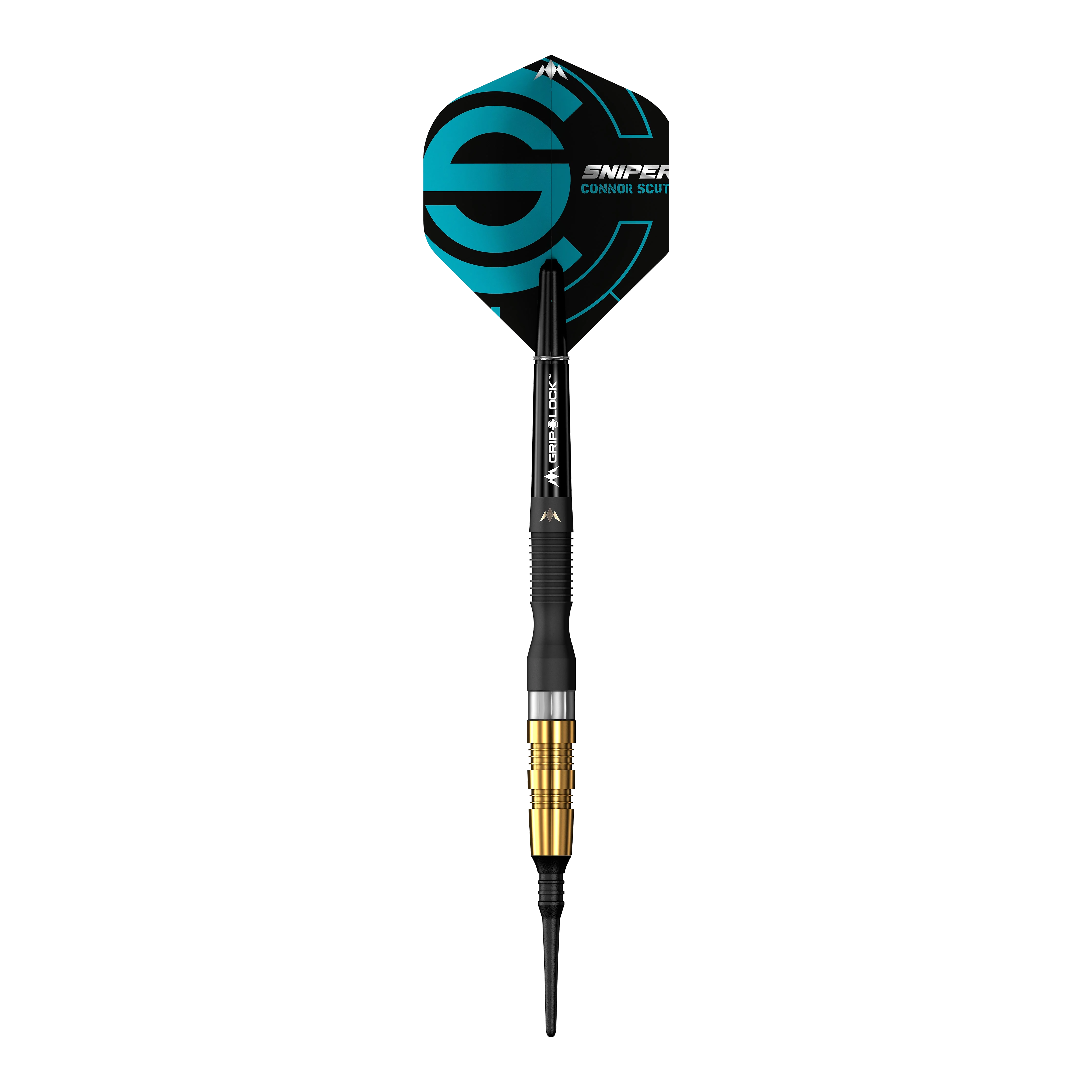 Das Bild zeigt einen Mission Connor Scutt Sniper Black Gold Softdart mit einem Gewicht von 20 Gramm. Der Dart hat schwarze und goldene Akzente sowie eine Flight mit einem blauen Design.
