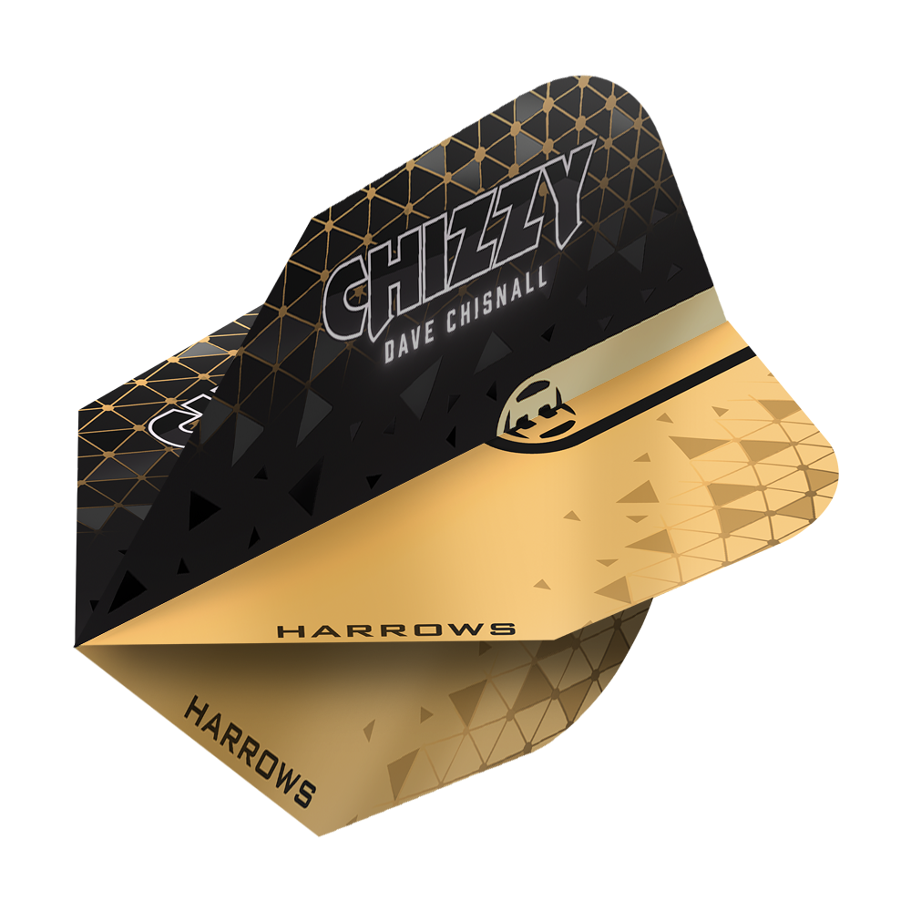 Harrows Prime Dave Chisnall Chizzy 2 Lety č. 6 Das Bild zeigt ein Harrows Prime Dave Chisnall Chizzy 2 No6 Flight. Das Flight ist schwarz-gold gestaltet und trägt den Aufdruck "CHIZZY DAVE CHISNALL" sowie das Harrows-Logo.