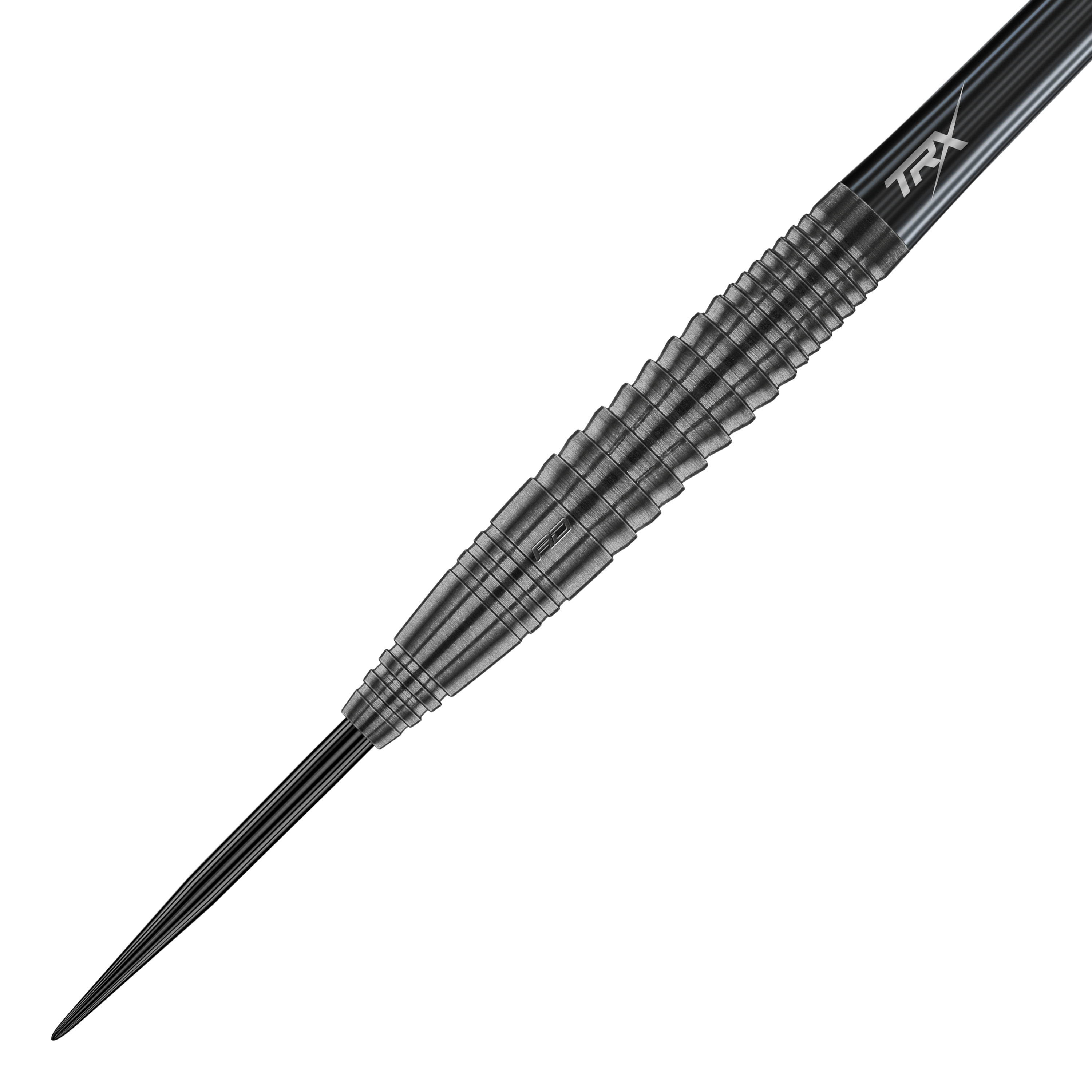Ocelové šipky Red Dragon Seren 4 Onyx Das Bild zeigt einen Red Dragon Seren 4 Onyx Steeldart. Der Dart hat ein schwarzes, gerilltes Metallgehäuse und eine spitze Stahlspitze.