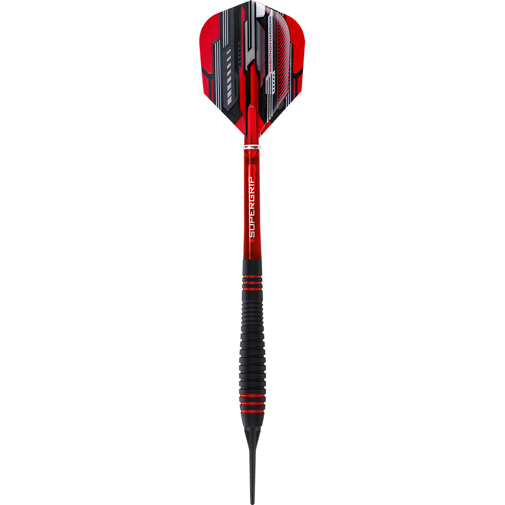 HA13722_Harrows_ACE_Rubber_Grip_Softdarts_1u7z0pEg30RuFs Das Bild zeigt einen Harrows ACE Rubber Grip Softdart. Der Dartpfeil ist rot und schwarz gestaltet und hat einen gummierten Griff für besseren Halt.