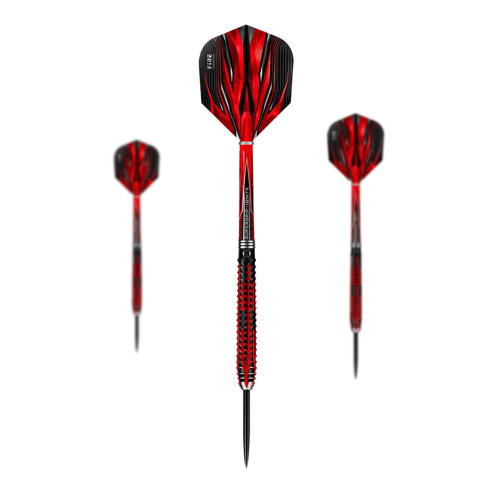 Harrows Fire Inferno Steeldarts Das Bild zeigt drei Harrows Fire Inferno Steeldarts mit auffälligem rot-schwarzem Design. Die Spitzen sind aus Metall und die Flights haben ein flammenartiges Muster.