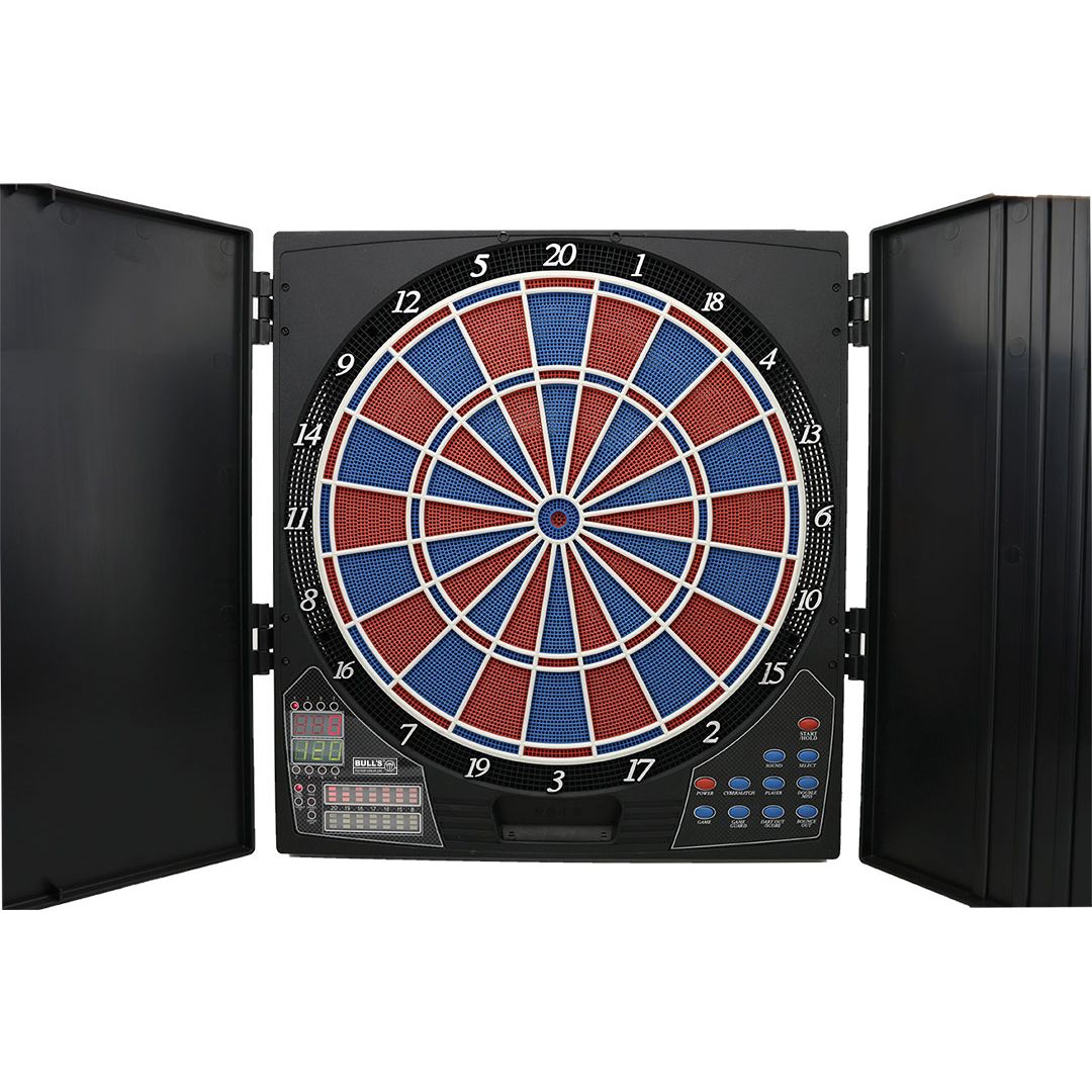 67981_p1 Das Bild zeigt das elektronische Dartboard "Bull's Lightning RB" mit geöffneten Türen. Das Dartboard hat ein farbiges Spielfeld und zahlreiche Bedientasten unten.