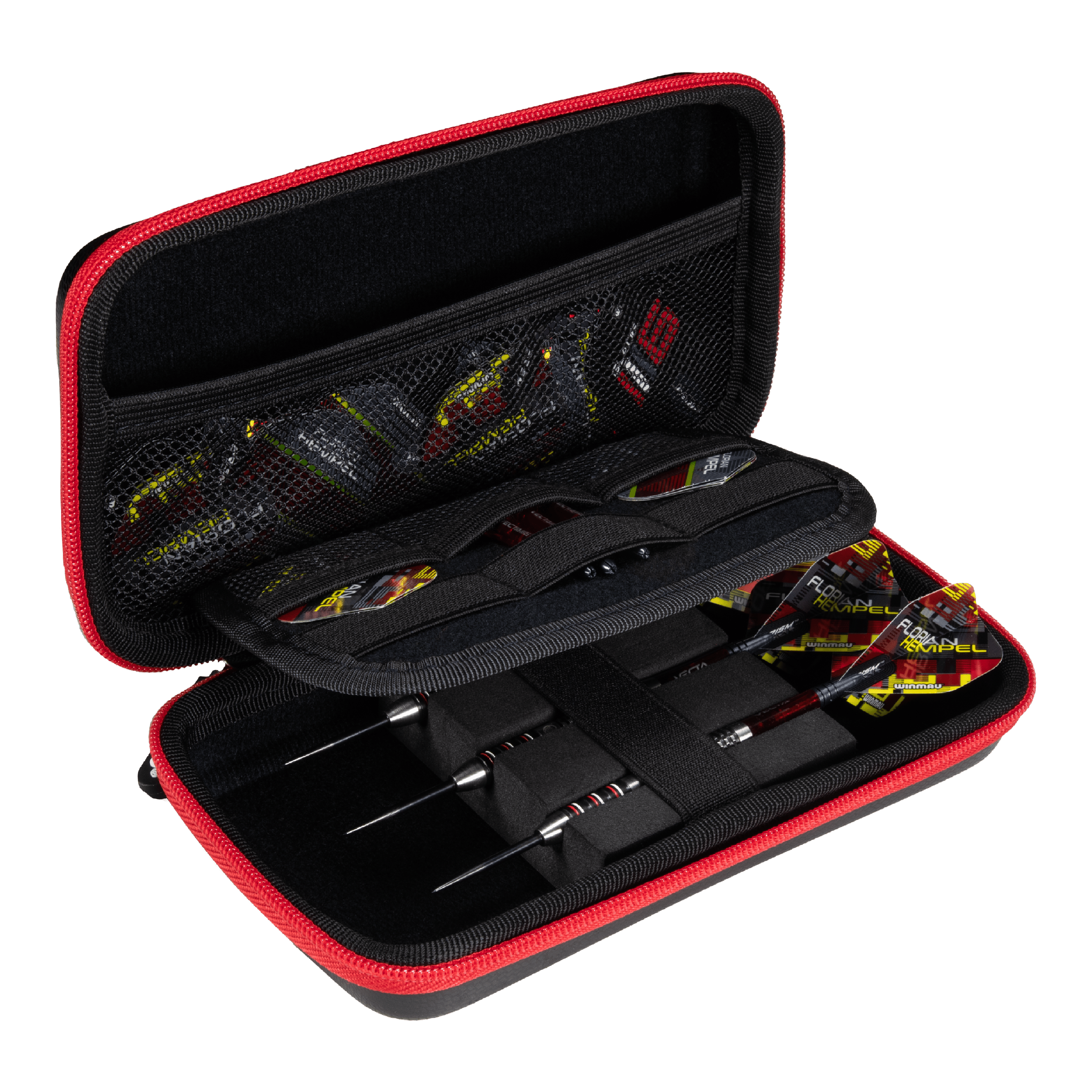 Pouzdro na šipky Winmau Florian Hempel Tour Edition Das Bild zeigt das Winmau Florian Hempel Tour Edition Dartcase, das geöffnet und mit Darts sowie Zubehör bestückt ist. Die Darttasche hat einen schwarzen Innenraum mit Netzfächern und wird von einem roten Reißverschluss umrandet.