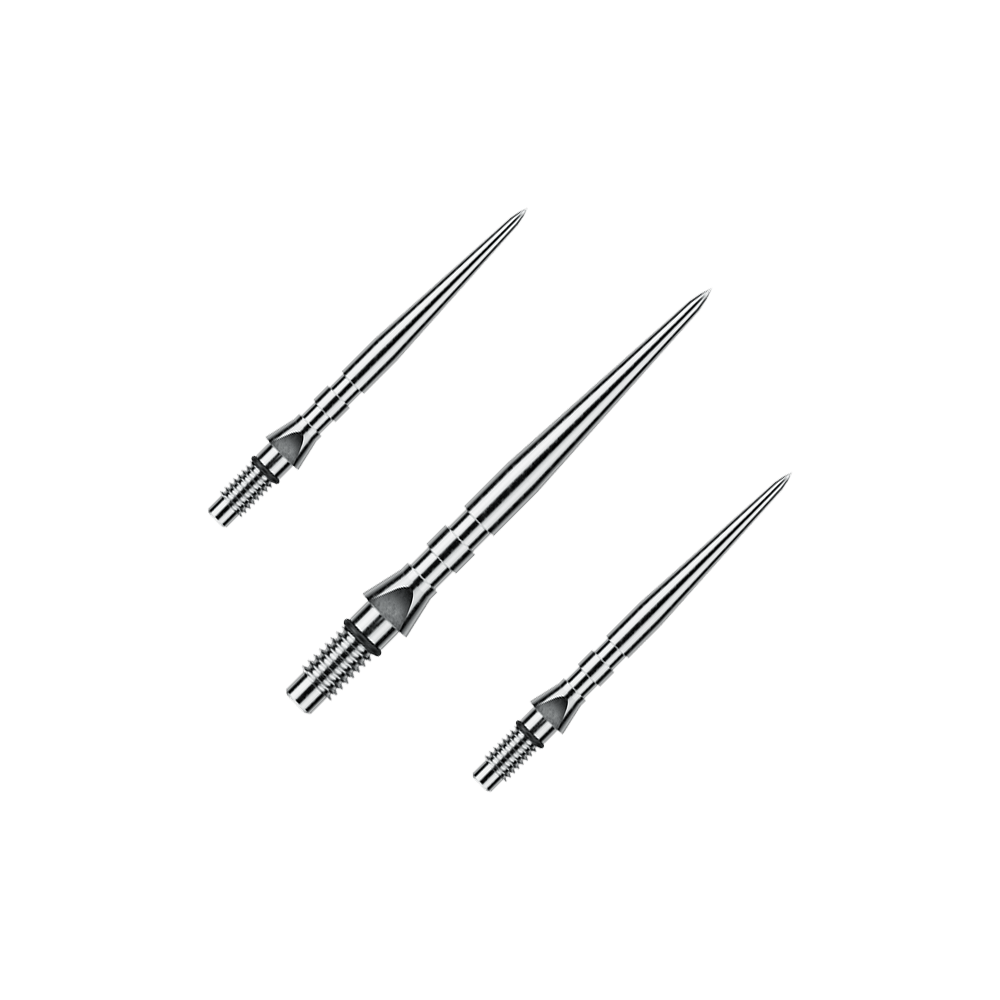 Auf dem Bild ist ein Set von silbernen Steeldartspitzen mit Rillen zu sehen, wahrscheinlich 'Switch Point Groove Silver Effect' und 26mm lang. Das Set ist für den Einsatz bei Steeldarts gedacht.