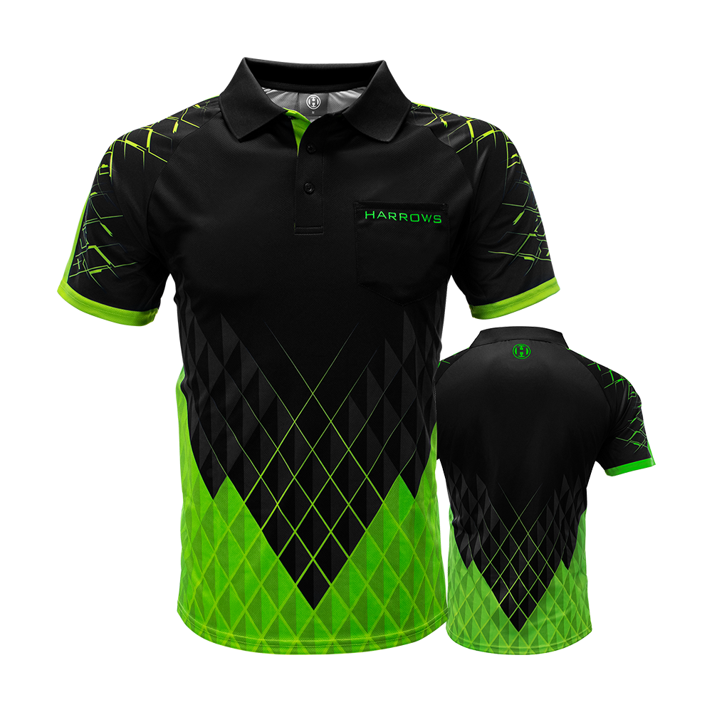 HRS-26333_Harrows_Paragon_Dartshirt_Gr-n_0 Harrows Paragon Dartshirt mit betontem Kragen. Das Shirt liegt flach ausgestreckt.