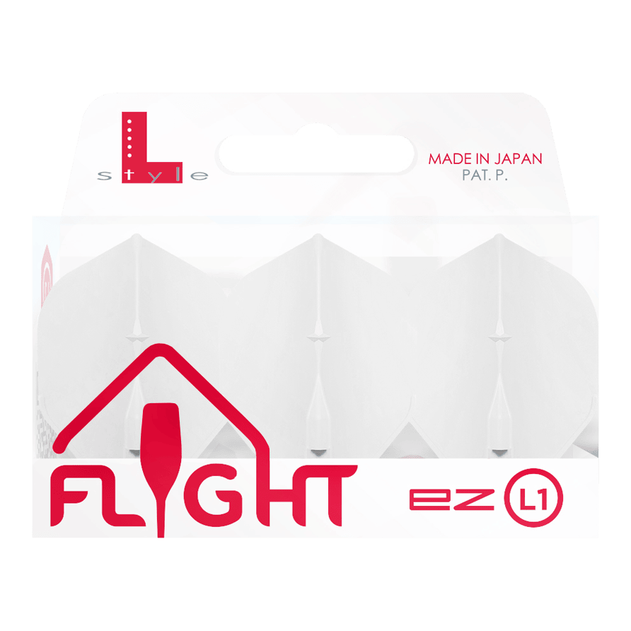 L-Style Champagne L1EZ Standard Flights Das Bild zeigt eine Packung mit weißen L-Style Champagne L1EZ Standard Flights. Die Verpackung ist durchsichtig und mit roten sowie grauen Aufschriften gestaltet.
