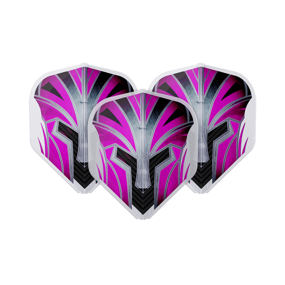 Auf dem Bild sind drei Dart-Flights mit einem modernen, pink-schwarzen Design zu sehen. Sie haben ein auffälliges Muster, das an einen stilisierten Helm erinnert.