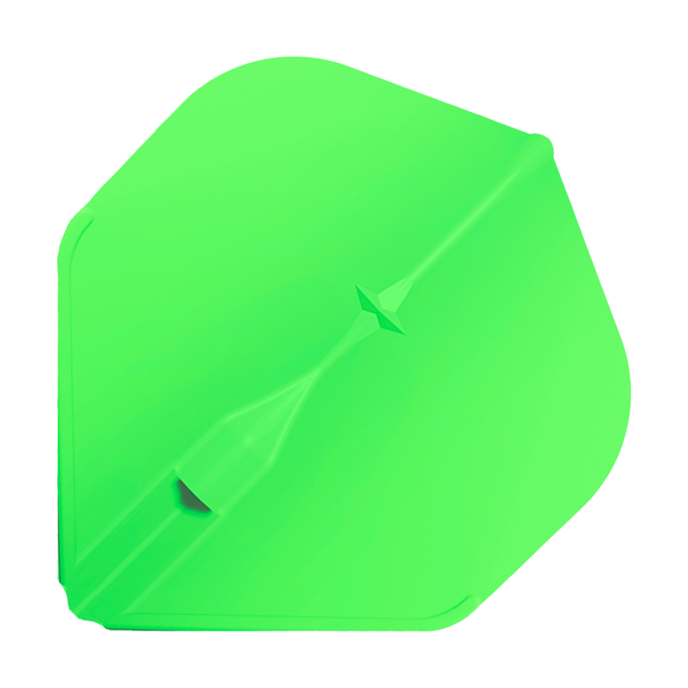 Standardní lety L-Style Champagne L1EZ Das Bild zeigt ein leuchtend grünes Dart-Flügel der Marke L-Style Champagne L1EZ Standard Flights. Die Oberfläche ist glatt und hat eine charakteristische, leicht eckige Form.