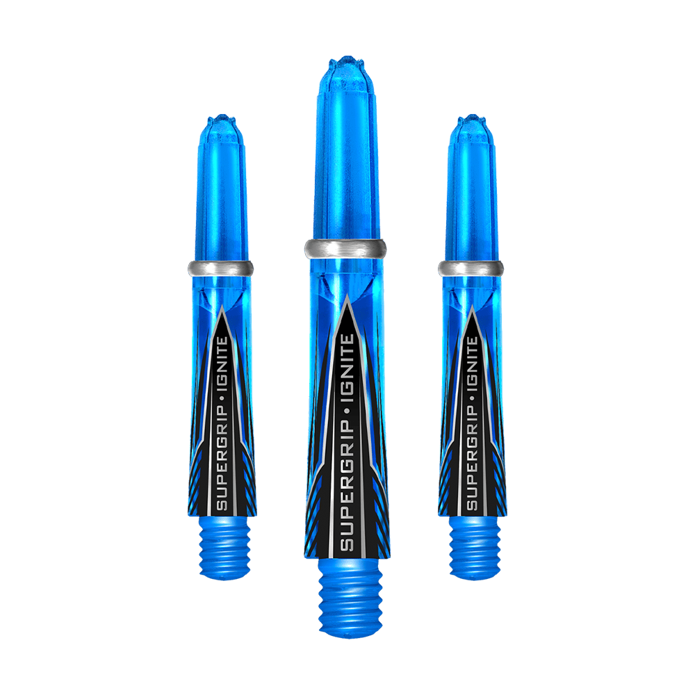 Das Bild zeigt drei blaue Harrows Supergrip Ignite Shafts in der Farbe Aqua. Die Shafts haben ein modernes Design mit dem Schriftzug "SUPERGRIP IGNITE" auf der Vorderseite.