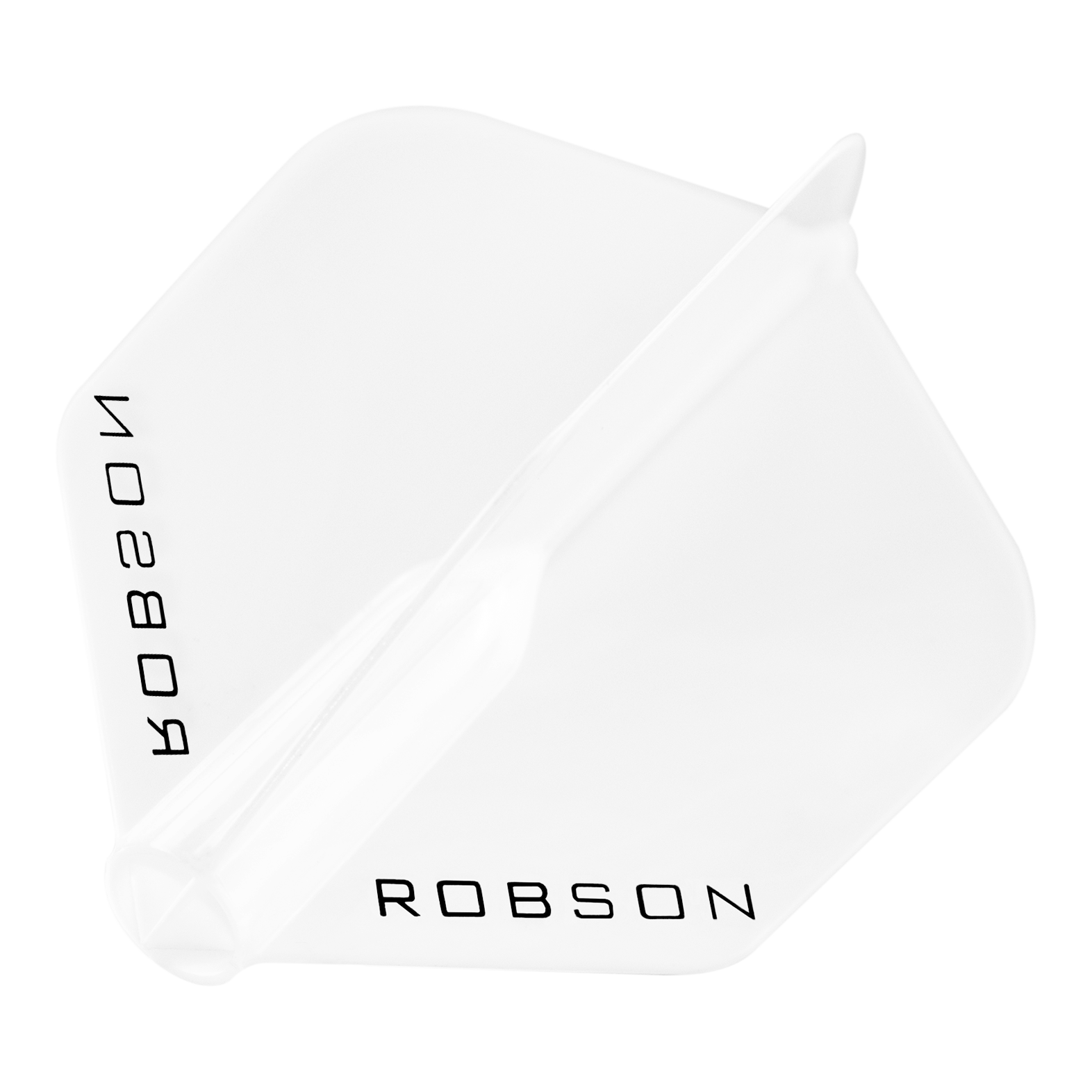 Lety Robson Plus – standardní Das Bild zeigt einen klaren Dart-Flügel mit der Aufschrift "ROBSON". Der Flügel hat eine standardmäßige, sechseckige Form.