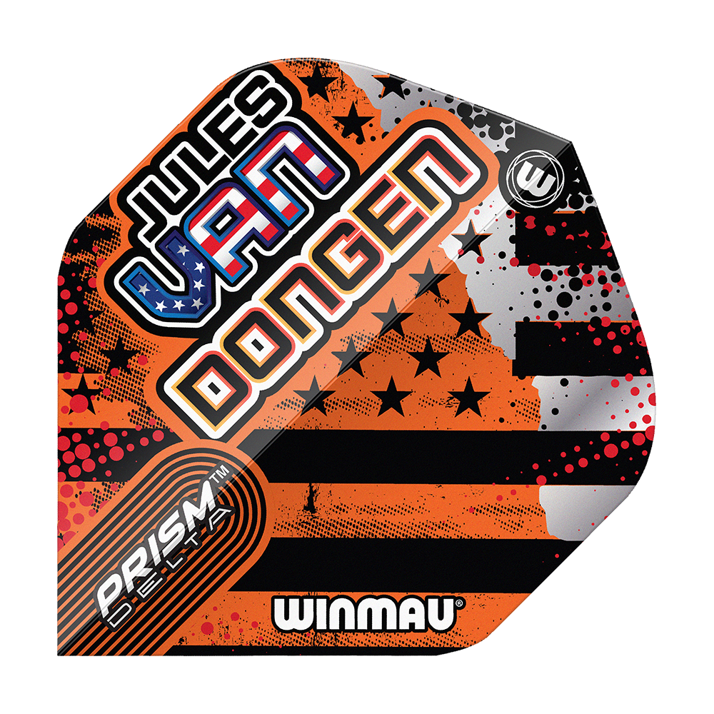 Winmau Prism Delta Jules Van Dongen Standardní lety Das Bild zeigt ein Winmau Prism Delta Dart-Flight mit dem Namen "Jules Van Dongen". Das Flight-Design enthält auffällige Farben, Sterne und Streifen sowie den Schriftzug "Winmau".