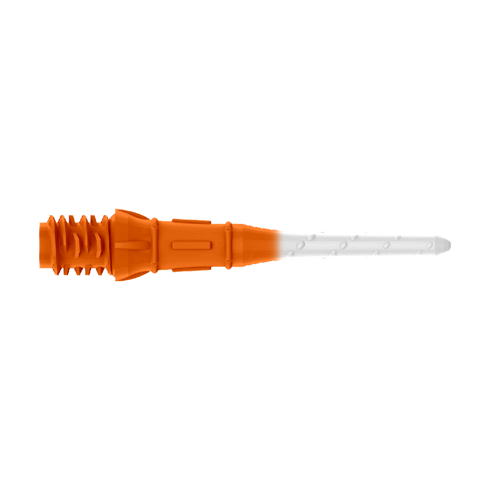 Dvoubarevné rtěnky L-Style Premium (balení 30 kusů) Das Bild zeigt eine zweifarbige Kunststoffspitze, die auf einer Seite orange und auf der anderen weiß ist. Es handelt sich um eine Ersatzspitze für ein elektronisches Dart.