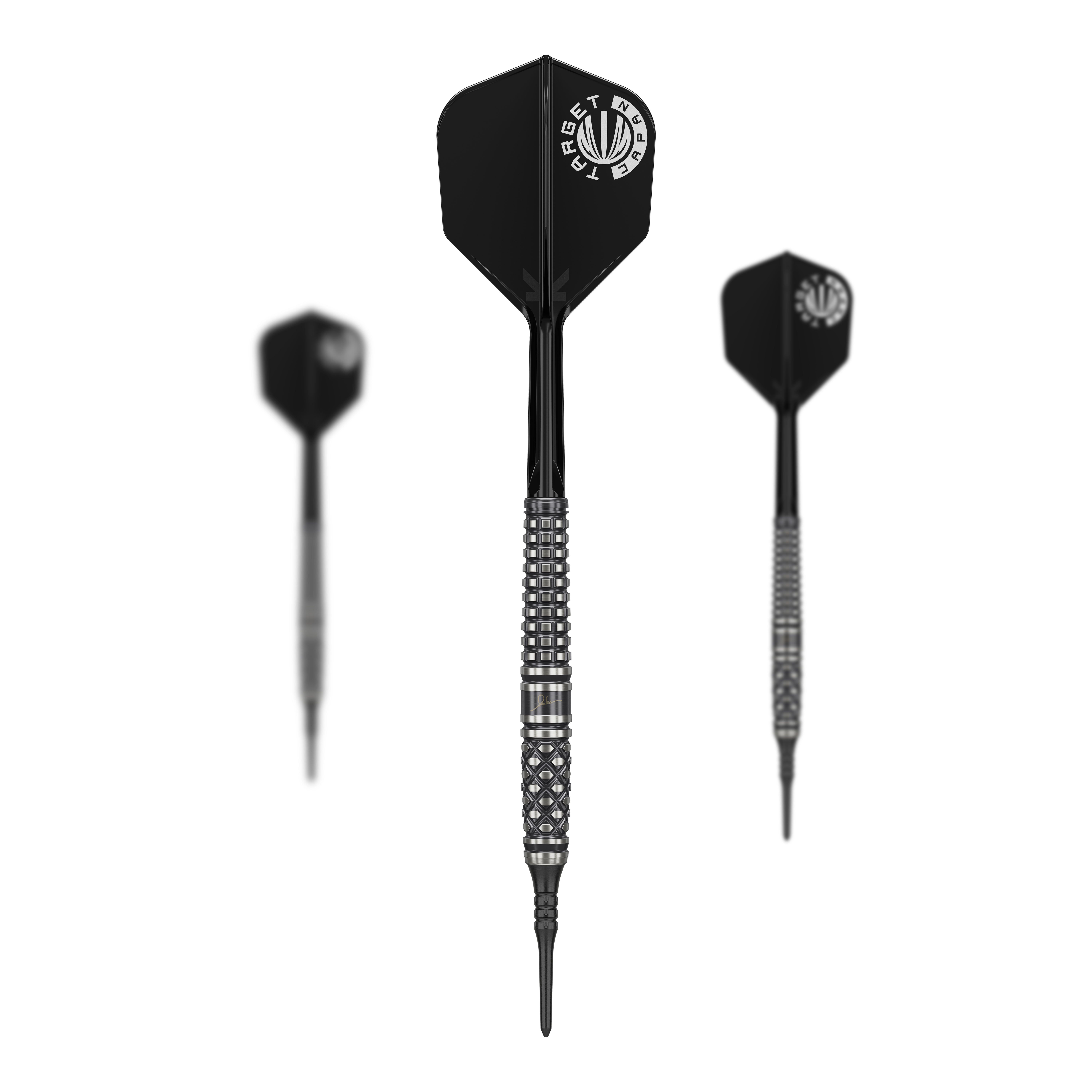 Měkké šipky Target Japan Paul Lim The Legend GEN8 - 19g Das Bild zeigt drei schwarze Softdarts des Modells "Target Japan Paul Lim The Legend GEN8 - 19g". Die Darts haben silberne Griffringe und schwarze Flights mit weißem Logo.