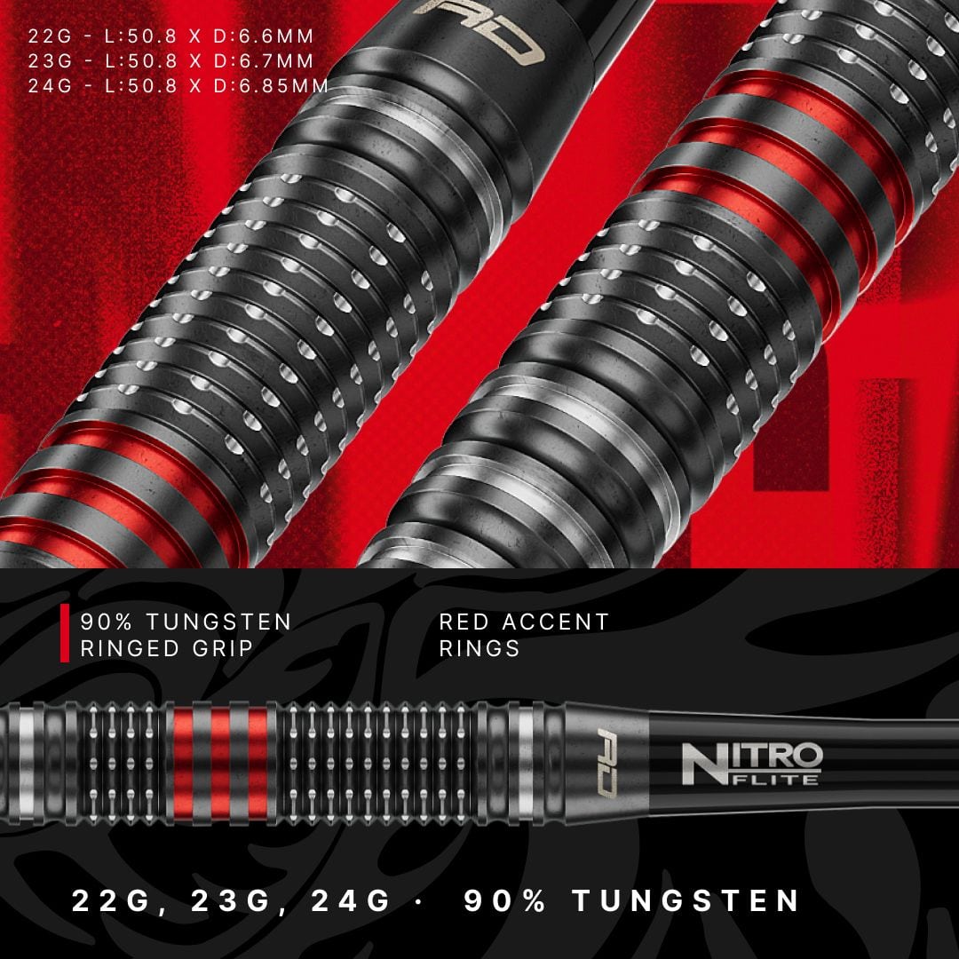 Šipky Red Dragon Jonny Clayton RD-PRO Switch Point ocelové Hier sieht man die Red Dragon Jonny Clayton RD-PRO Switch Point Steeldarts. Die Pfeile sind aus Metall und mit schwarzen Elementen versehen.