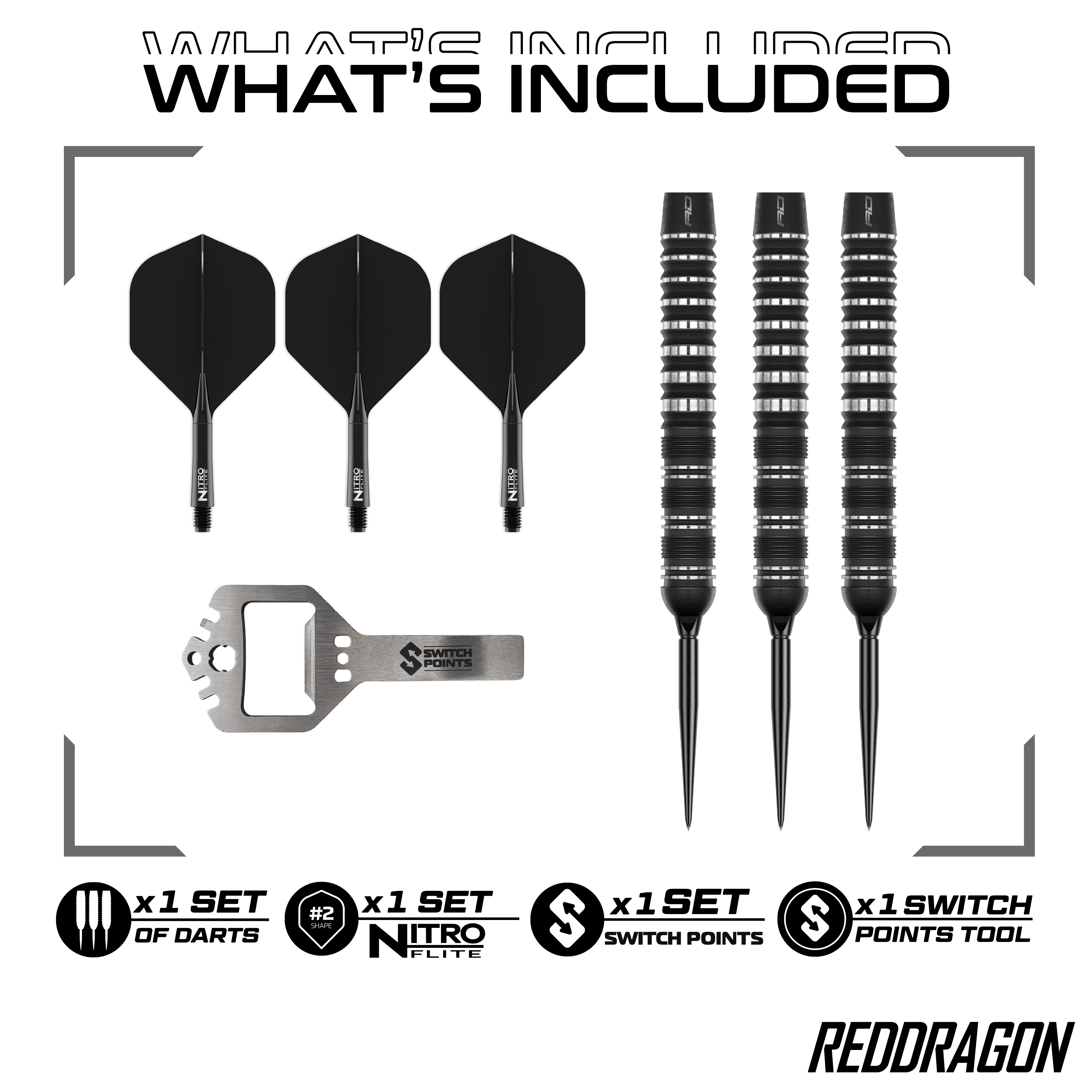 Hier ist der Red Dragon Sable Parallel Switch Point Steeldarts zu sehen. Diese Steeldarts stehen für Qualität und Langlebigkeit.