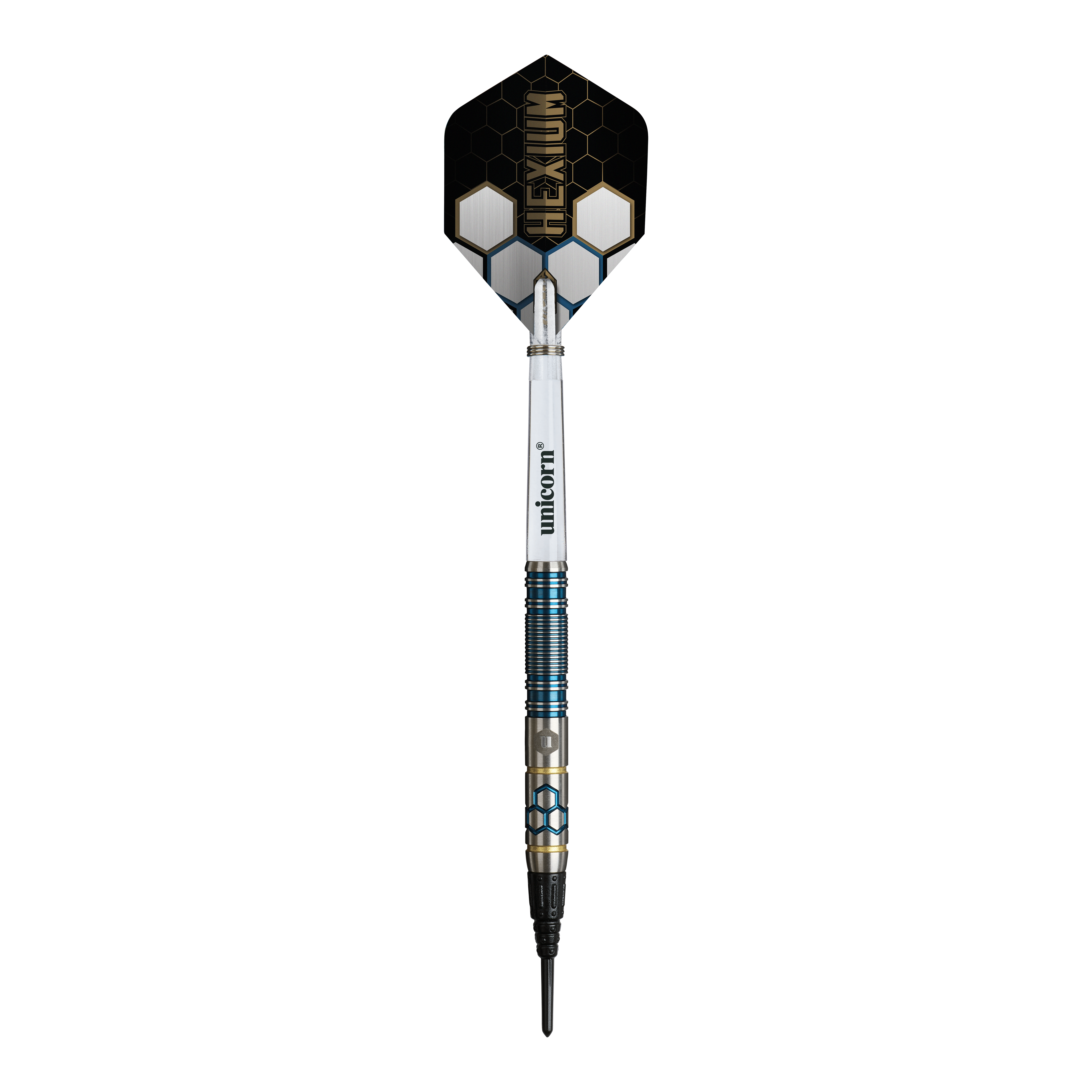Šipky Unicorn Hexium Style 02 Modro-zlaté měkké - 21g Hier sieht man die Unicorn Hexium Style 02 Blue & Gold Softdarts - 21g. Die Darts sind in Blau und Gold gehalten.