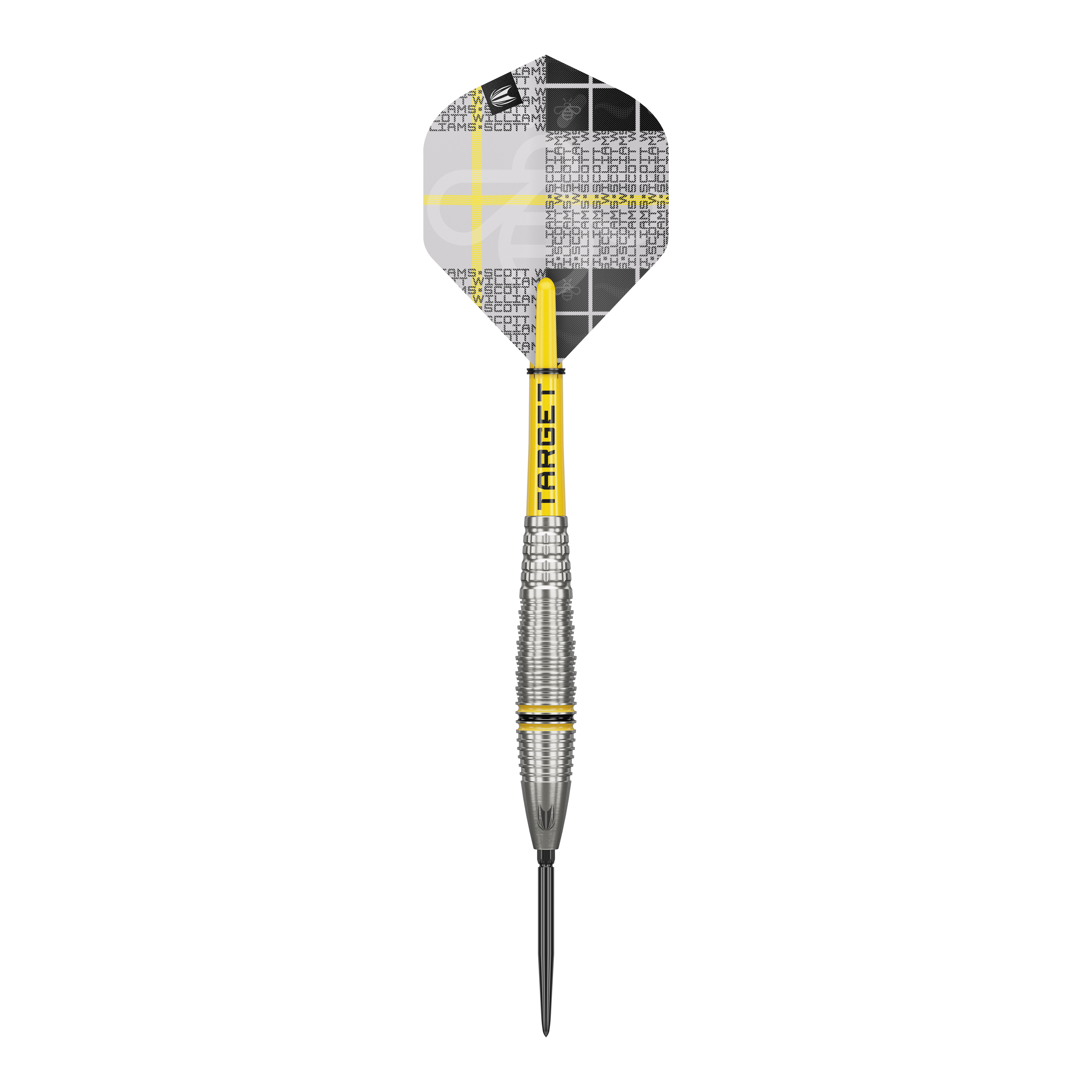 Ocelové šipky Target Scott Williams GEN2 Swiss Point Dieses Bild zeigt einen Target Scott Williams GEN2 Swiss Point Steeldart. Der Dartpfeil hat ein silbernes Griffstück mit gelben Akzenten und ein individuell gestaltetes Flight-Design.