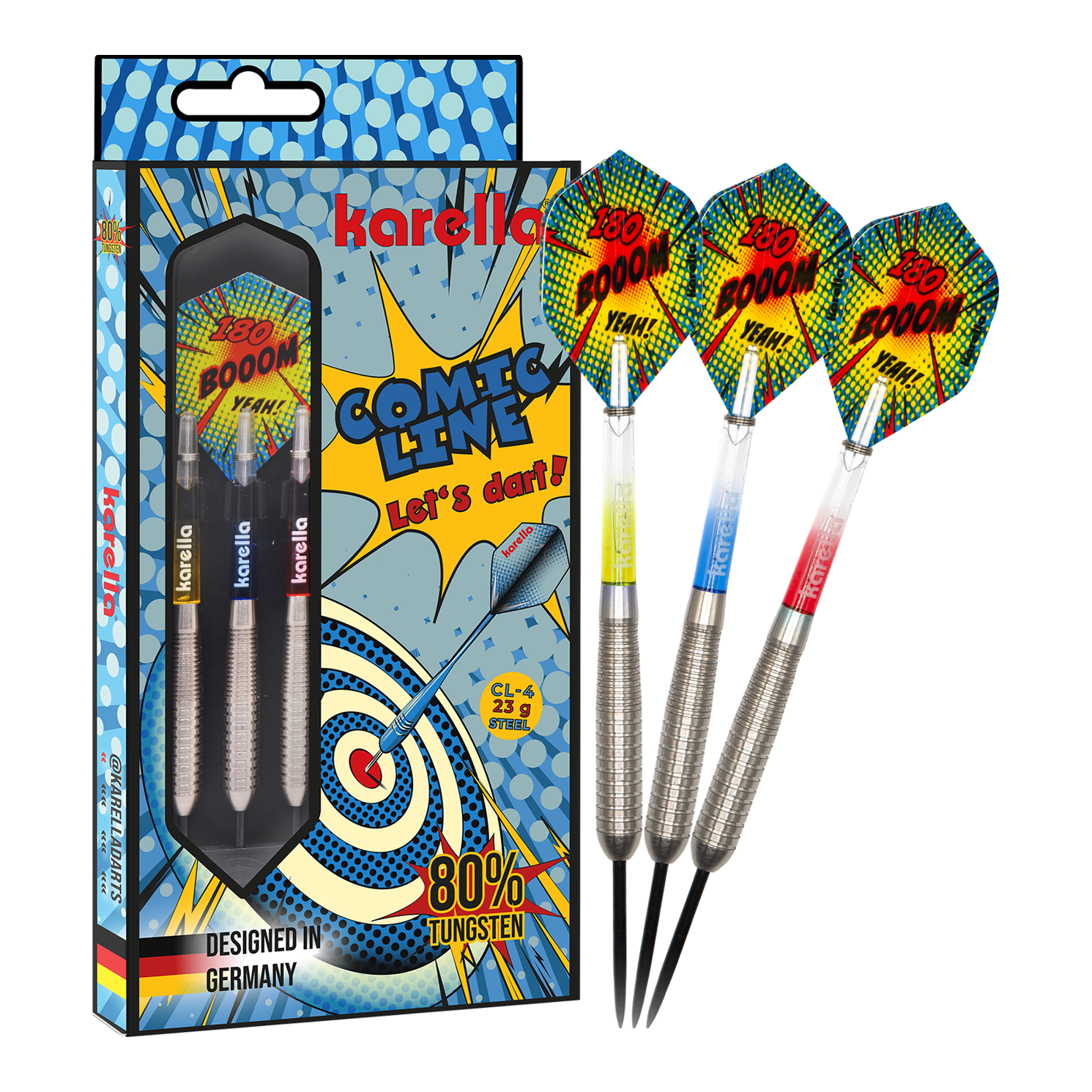 Das Bild präsentiert die Karella Comic Line CL-4 Steeldarts mit einem Gewicht von 23g. Diese Darts sind robust und für ambitionierte Spieler konzipiert.