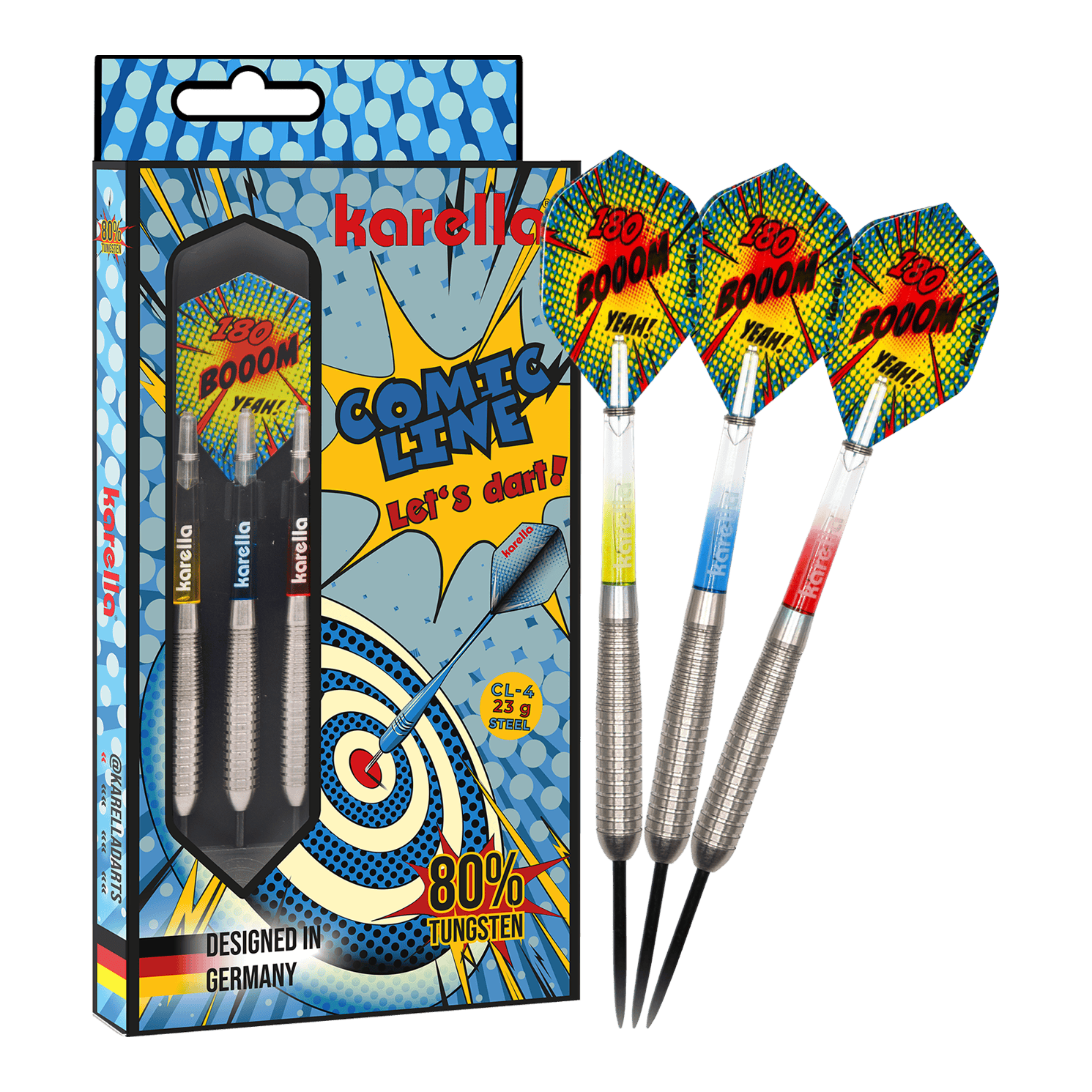 Ocelové šipky Karella Comic Line CL-4 - 23g Das Bild präsentiert die Karella Comic Line CL-4 Steeldarts mit einem Gewicht von 23g. Diese Darts sind robust und für ambitionierte Spieler konzipiert.