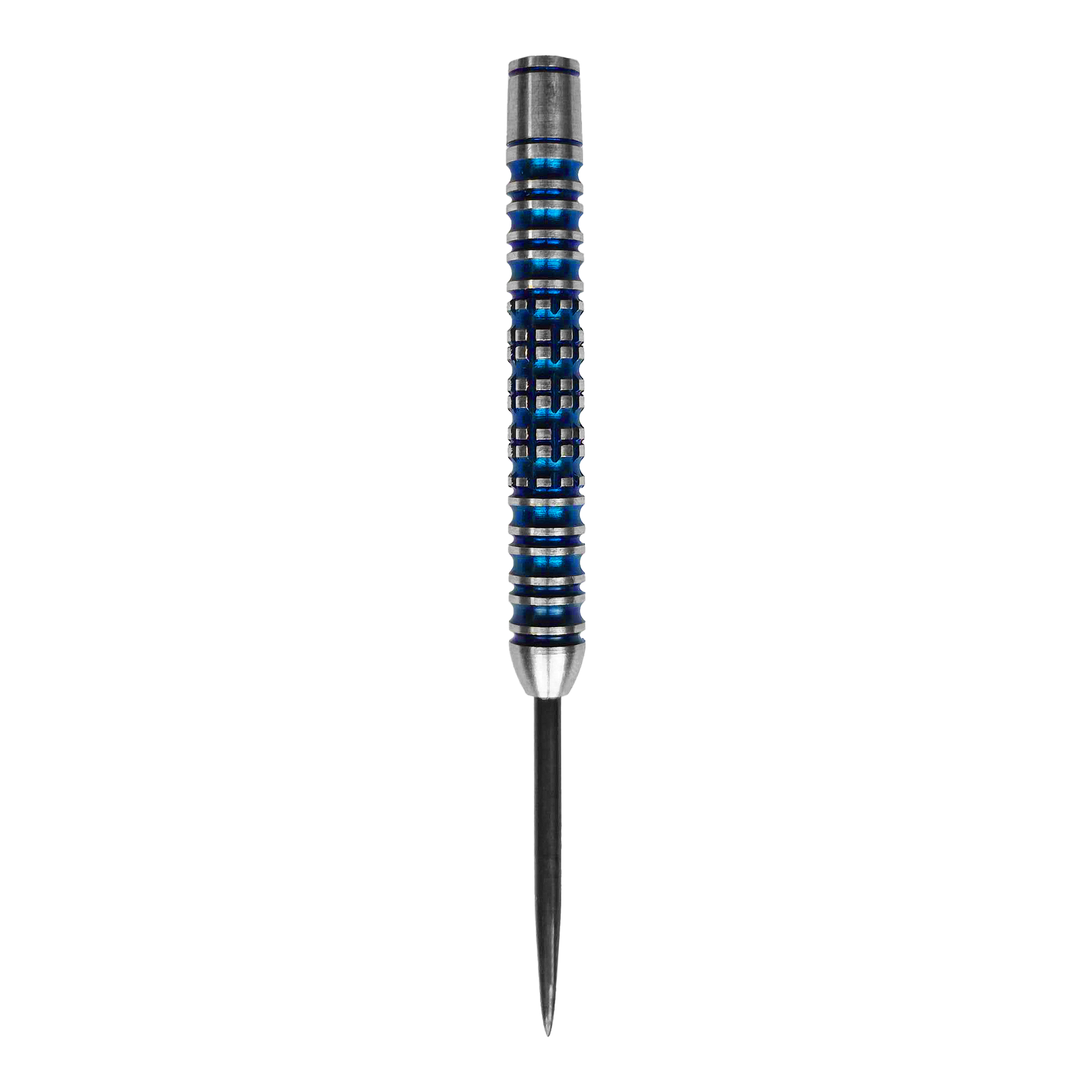 Das Bild zeigt ein McDart Ocean Steeldart Barrel mit einem Gewicht von 23g. Der Barrel hat ein silber-blaues Design mit Rillen und einem spitzen Ende.