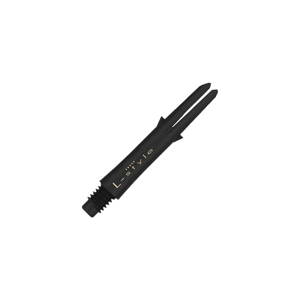 Das Bild zeigt einen schwarzen Carbon-Dartshaft ohne Kappen mit der Aufschrift "L-style". Der Schaft ist 32 mm lang und hat ein Schraubgewinde am Ende.