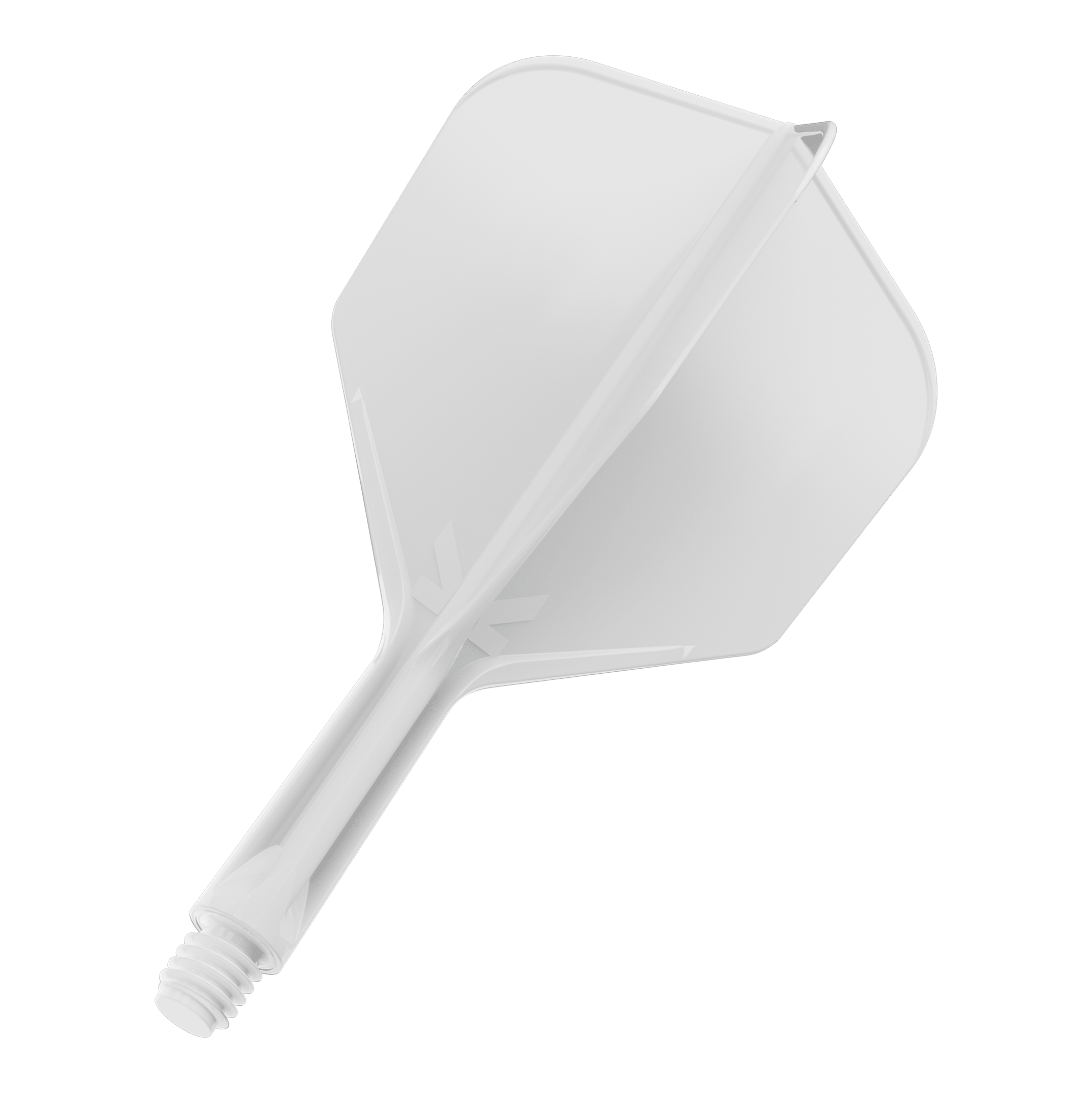 Letový systém Target K-Flex No6 - bílý Das Bild zeigt ein weißes Dart-Flight-System mit integriertem Shaft. Es ist vor schwarzem Hintergrund abgebildet.