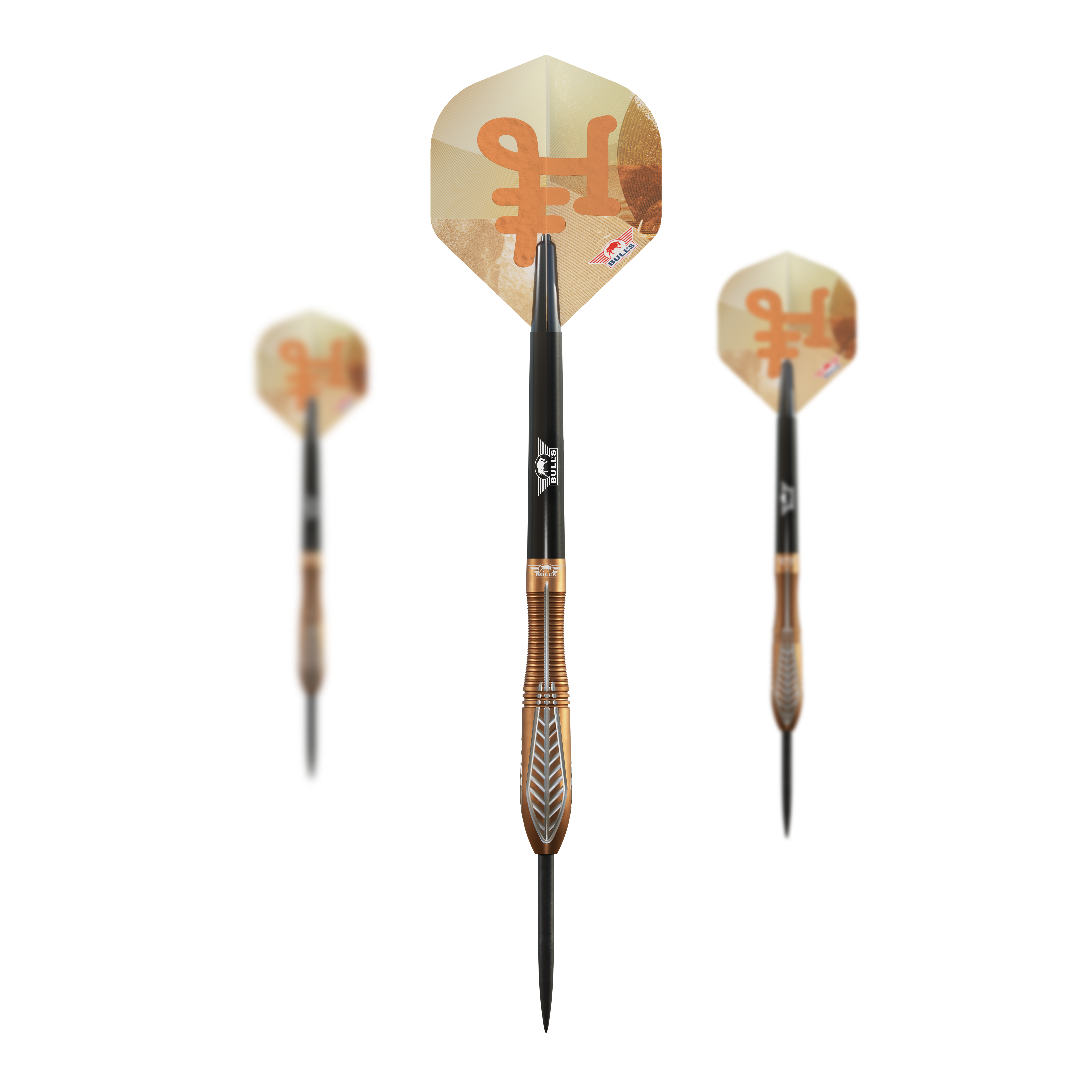 Abgebildet sind die Bulls NL Bronzo Nova Steeldarts mit einem Gewicht von 24g. Sie sind auf einem neutralen Hintergrund dargestellt.