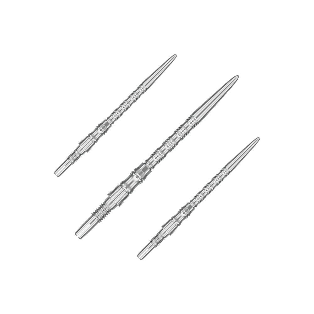 Ocelové hroty na šipky Target Signature Swiss Point TRB - stříbrné Silberne Dartspitzen mit einer Länge von 35 mm sind abgebildet. Das Bild zeigt ein Set der Target SwissPoint Signature TRB Dartspitzen.