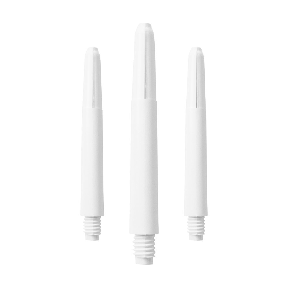 582_Nylon_Shafts_Schneeweiss_40mm_1PYryDcYm5zrql Das Bild zeigt drei schneeweiße Nylon-Schäfte. Sie sind zylinderförmig und haben an einem Ende ein Schraubgewinde.