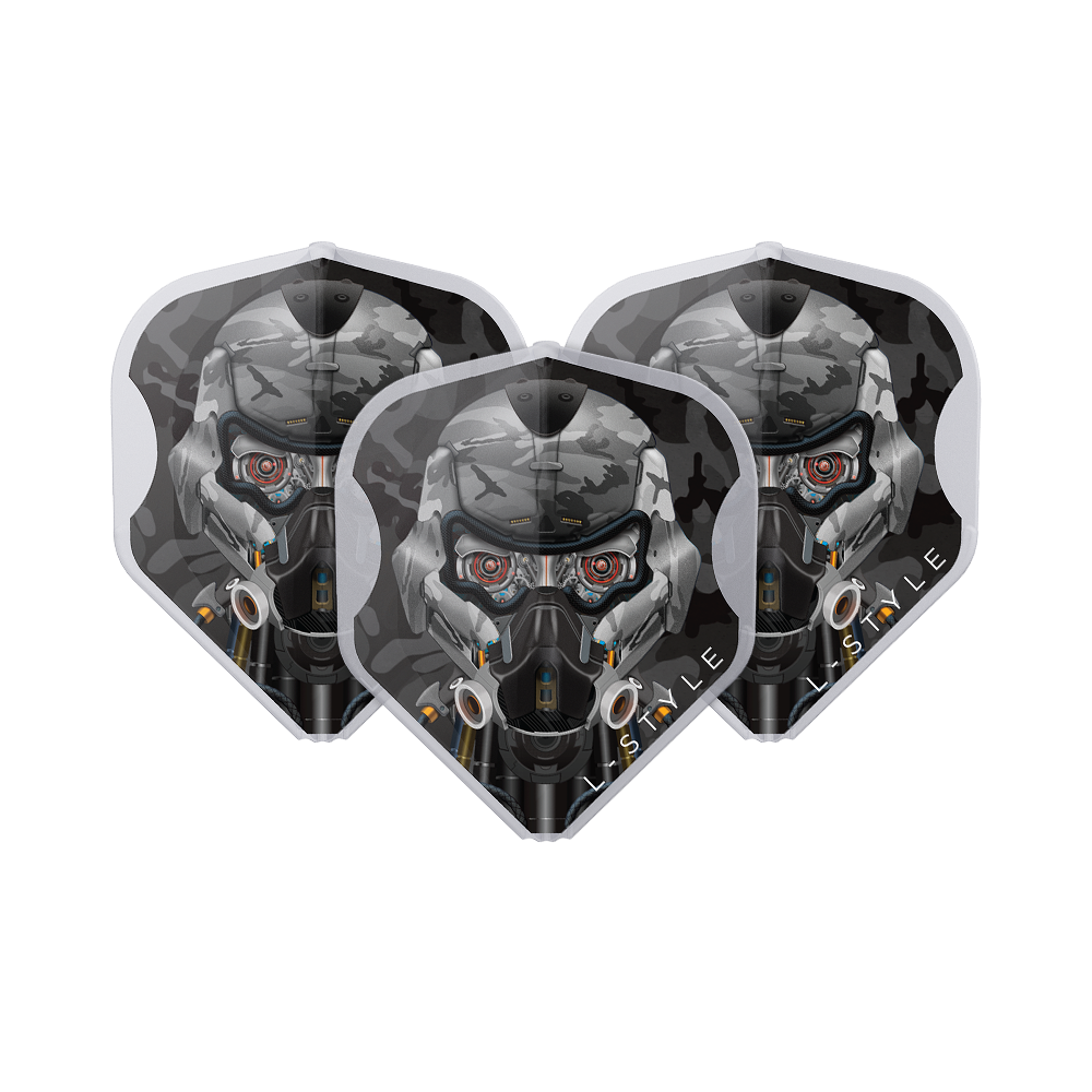 Das Bild zeigt drei Dart-Flights mit einem futuristischen Soldaten-Design in Grau- und Schwarztönen. Auf den Flights steht unten rechts "L-Style".