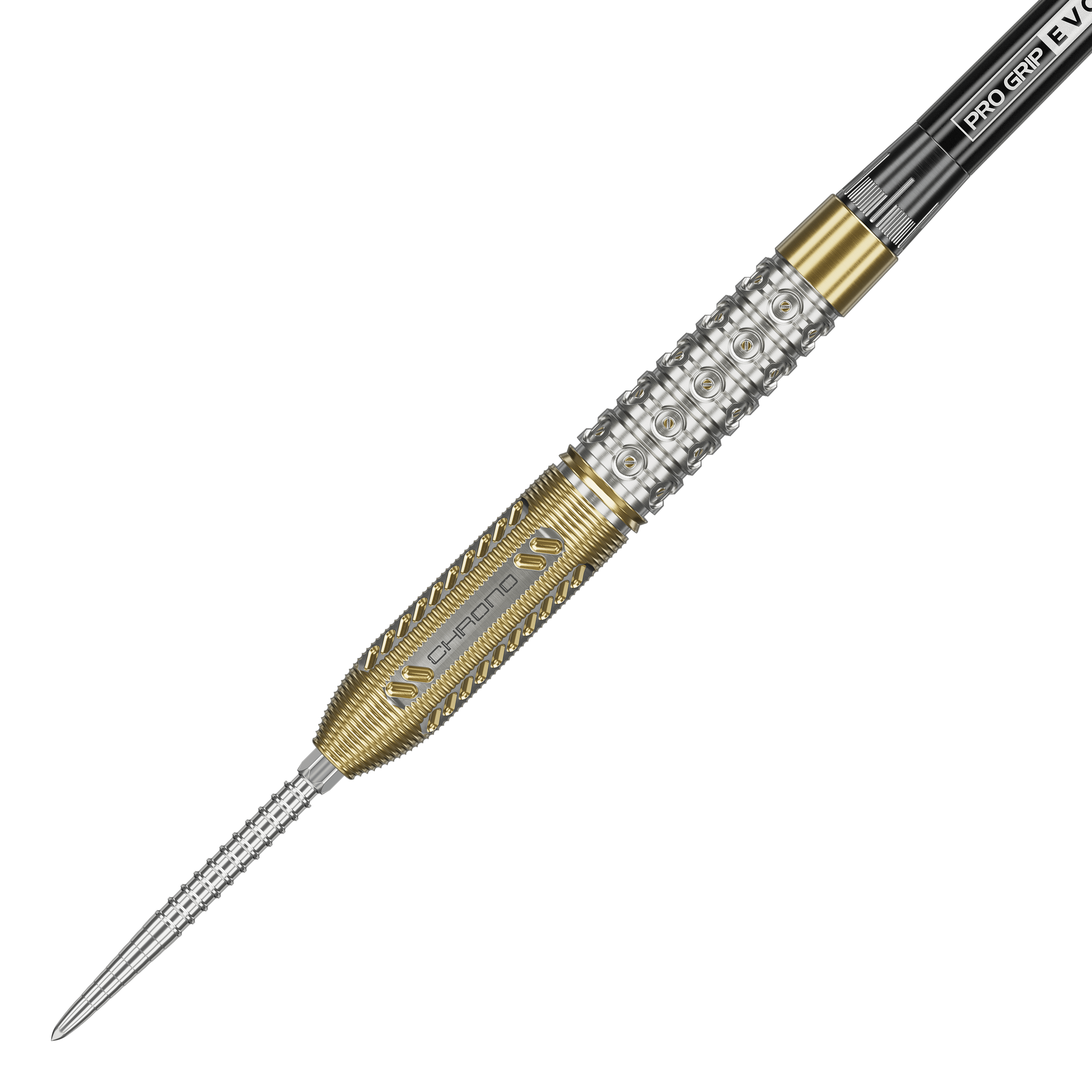 Terč Raymond Van Barneveld Chrono 95 Swiss Point Steel Darts Das Bild zeigt einen Steeldart aus der Produktreihe "Target Raymond Van Barneveld Chrono 95 Swiss Point". Der Dartpfeil hat ein silbernes und goldenes Griffstück mit detaillierten Gravuren und Mustern.