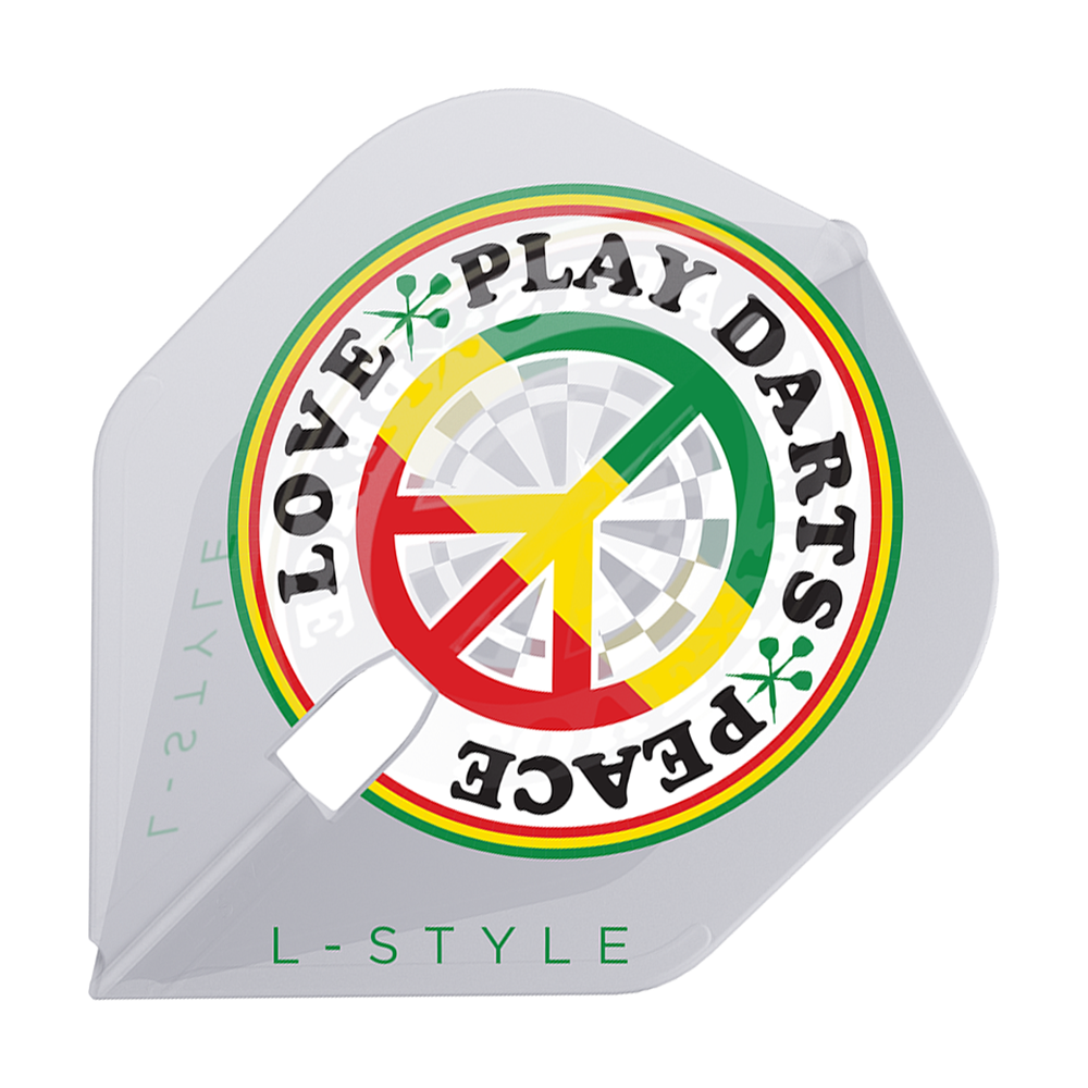 Letky L-Style Deta Hedman V4 Clear White L1PRO Das Bild zeigt einen weißen Dartflight mit einem farbenfrohen Kreisdesign und der Aufschrift "LOVE PEACE PLAY DARTS". Unten steht in grüner Schrift "L-STYLE".
