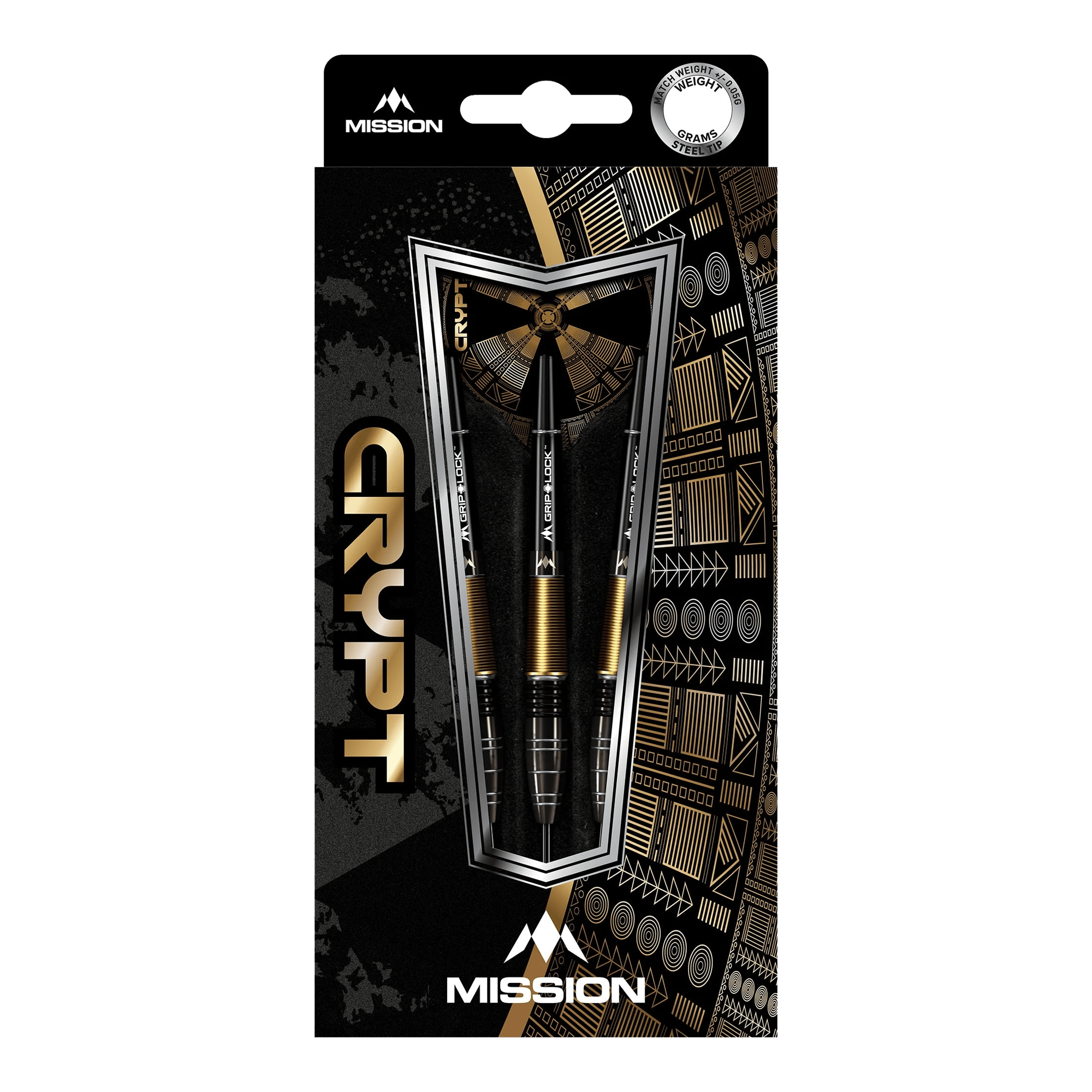 Ocelové šipky Mission Crypt Model 1 - 22g Die Abbildung zeigt die Verpackung der "Mission Crypt Model 1 Steeldarts - 22g". Drei schwarze und goldene Steeldarts sind in einer stilvollen Box mit geometrischen Mustern angeordnet.