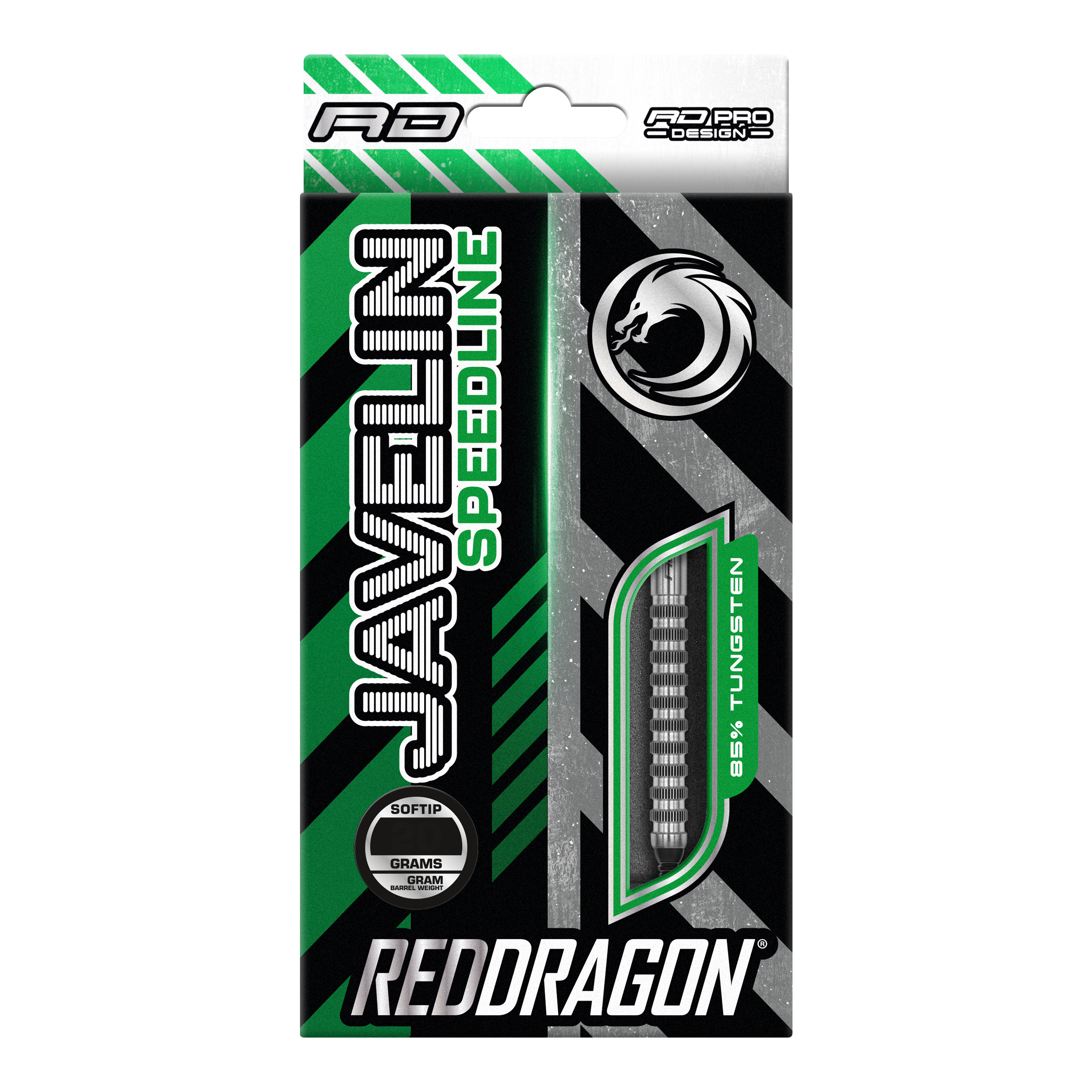Šipky Red Dragon Javelin Speedline Soft - 20g Die Verpackung zeigt die "Red Dragon Javelin Speedline Softdarts" mit 20 Gramm Gewicht. Das Design ist grün, schwarz und silbern und hebt 85% Tungsten hervor.