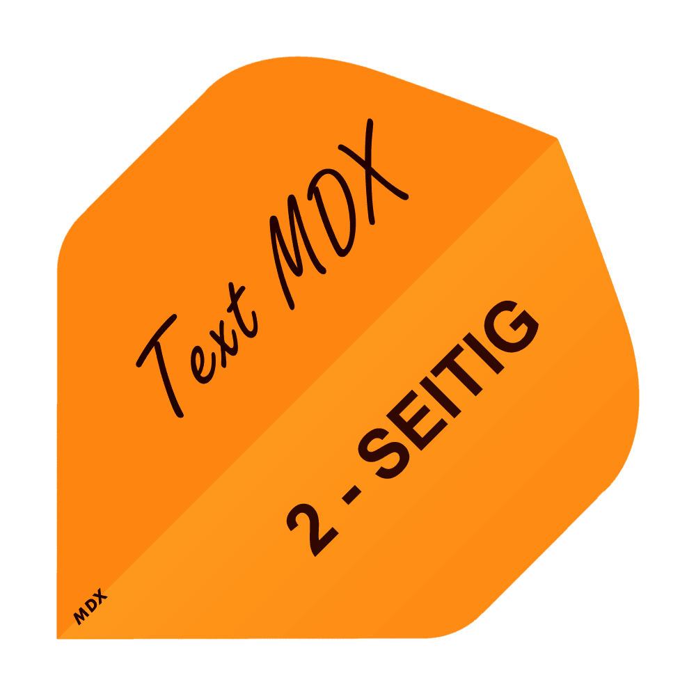 MD-404_2-Seitig_Bedruckte_Flights_Wunschtext_MDX_Orange_Standard_1 Das Bild zeigt einen orangefarbenen Dart-Flight mit dem Aufdruck „Text MDX“ und „2-SEITIG“. Es handelt sich um ein Beispiel für individuell bedruckbare Flights des Produkts „10 Satz Bedruckte Flights 2-Seitig - Wunschtext - MDX Standard“.