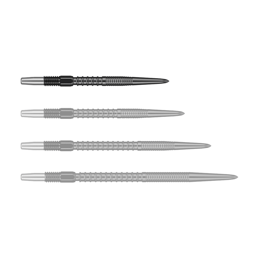 Auf dem Bild sind vier schwarze Dartspitzen in einer Reihe zu sehen. Sie sind aus Metall und haben ein modernes, gerilltes Design.