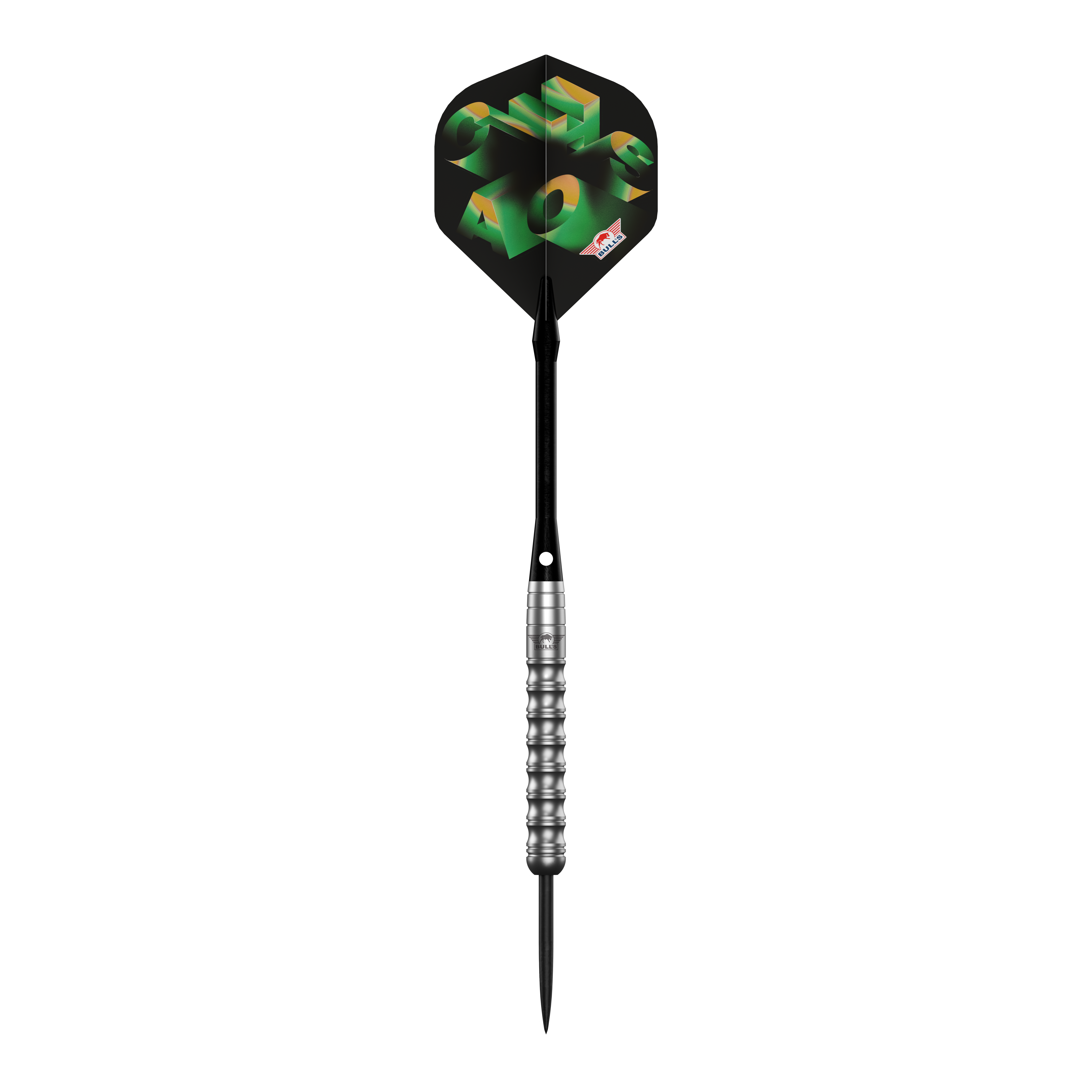 Das Bild zeigt die Bulls NL Chaos Green Steeldarts - 24g. Es handelt sich um ein Set grüner Steeldarts für Dartspieler.