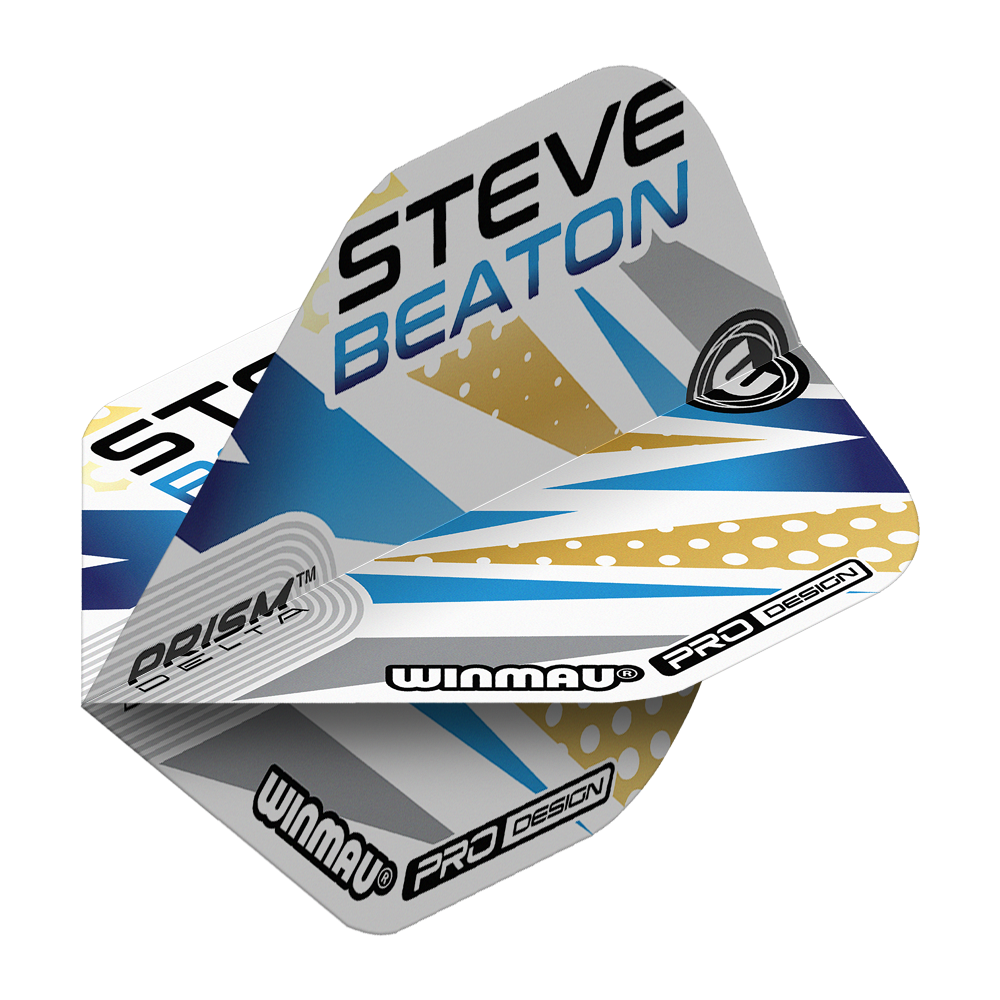 Das Bild zeigt die Winmau Prism Delta Steve Beaton No2 Standard Flights. Die Flights sind mit blauen, goldenen und grauen Mustern sowie dem Namen "Steve Beaton" gestaltet.