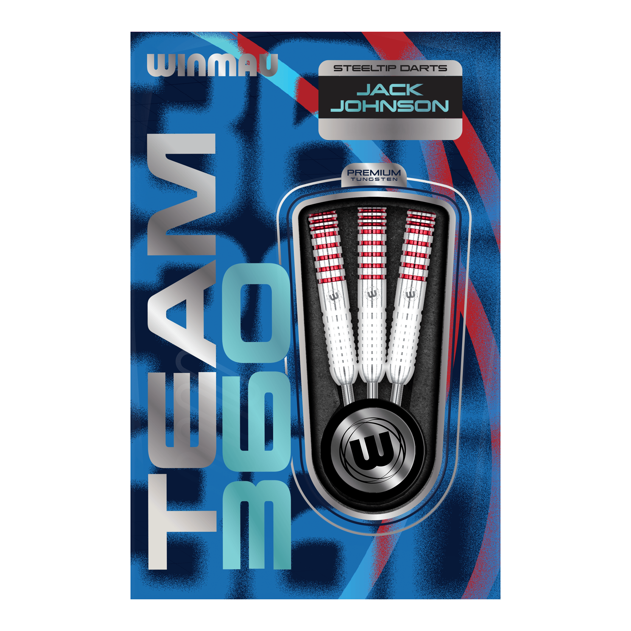 Šipky Winmau Team 360 Jack Johnson ocelové - 24g Abgebildet sind die Winmau Team 360 Jack Johnson Steeldarts mit 24 Gramm Gewicht. Die Darts zeichnen sich durch ihr markantes Design aus.