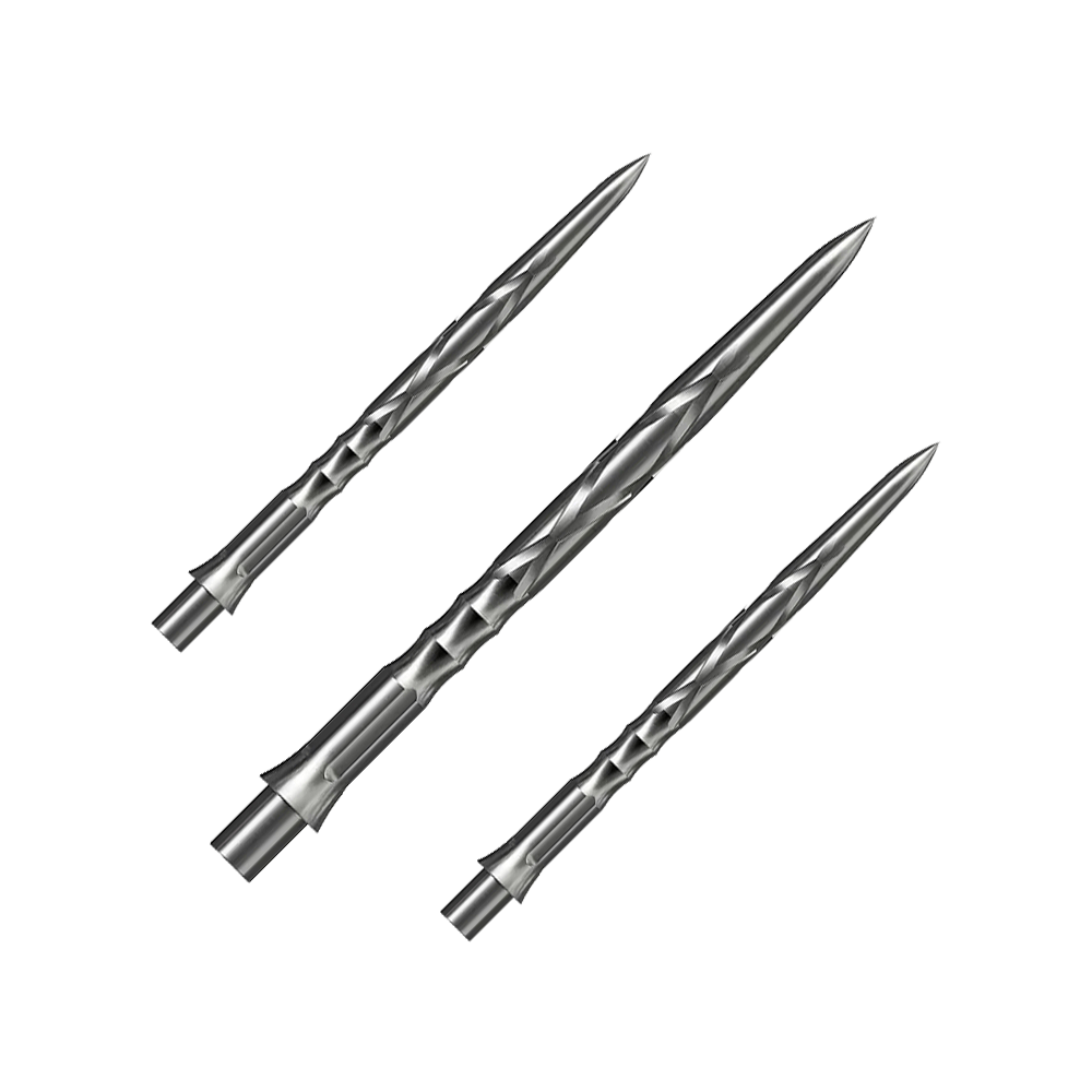Ocelové hroty na šipky Caliburn System - HAN G2 - Stříbrné Auf dem Bild sind drei silberne Steeldartspitzen mit einem spiralförmigen Muster zu sehen. Sie liegen nebeneinander auf einem neutralen Hintergrund.