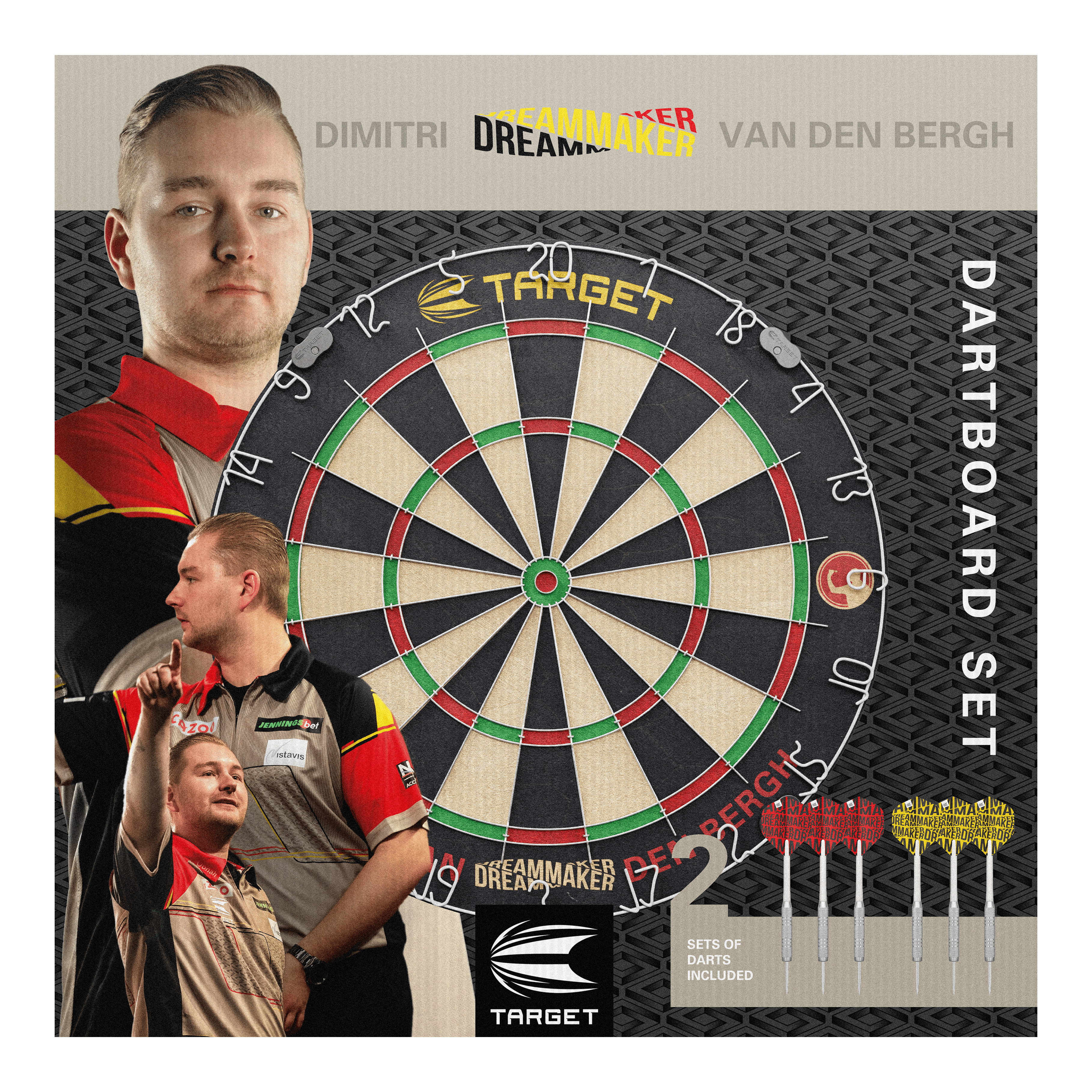 Sada ocelových terčů na terč Dimitri Van Den Bergh Das Bild zeigt das Produkt "Target Dimitri Van Den Bergh Steeldartboard Set" mit einer großen Dartscheibe in der Mitte. Rechts unten sieht man sechs mitgelieferte Darts und im Hintergrund ist Dimitri Van Den Bergh mehrfach abgebildet.